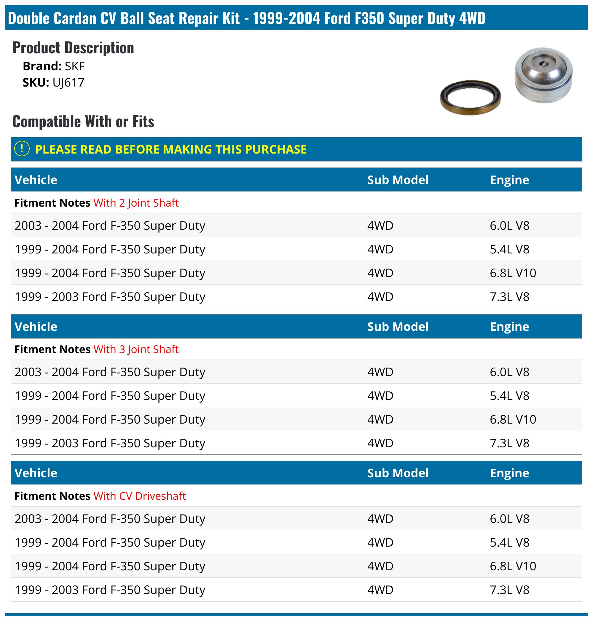 F350 U-joint Kit Double Cardan CV Ball Kit Replacement For 1999-2004 Ford  F350 Super Duty - Direct Fit U-Joint Repair Ford F350 Super Duty Drivetrain
