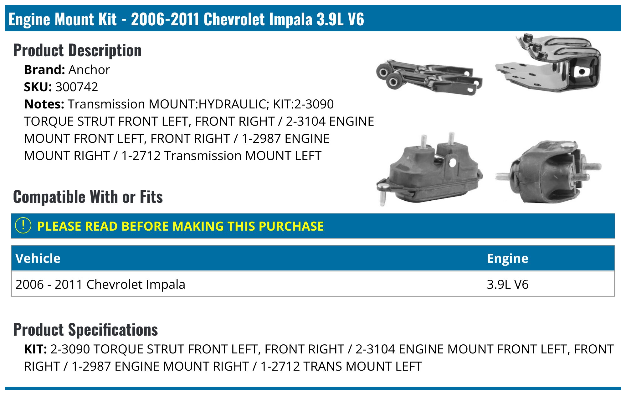 Front Engine Mount and Transmission Mount Kit - 2006-2011 Chevrolet Impala 3.5L V6 - Autopart Premium 18620-02099807