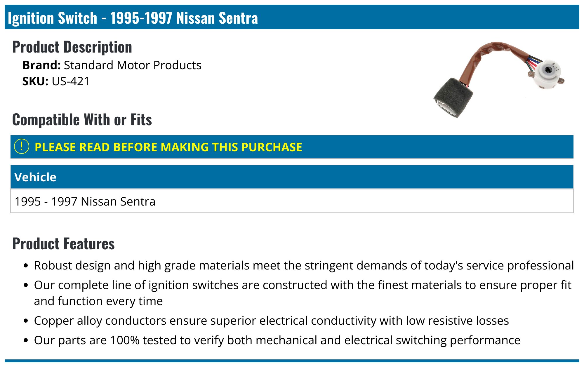 1995-1997 Nissan Sentra Ignition Switch - Standard Motor Products