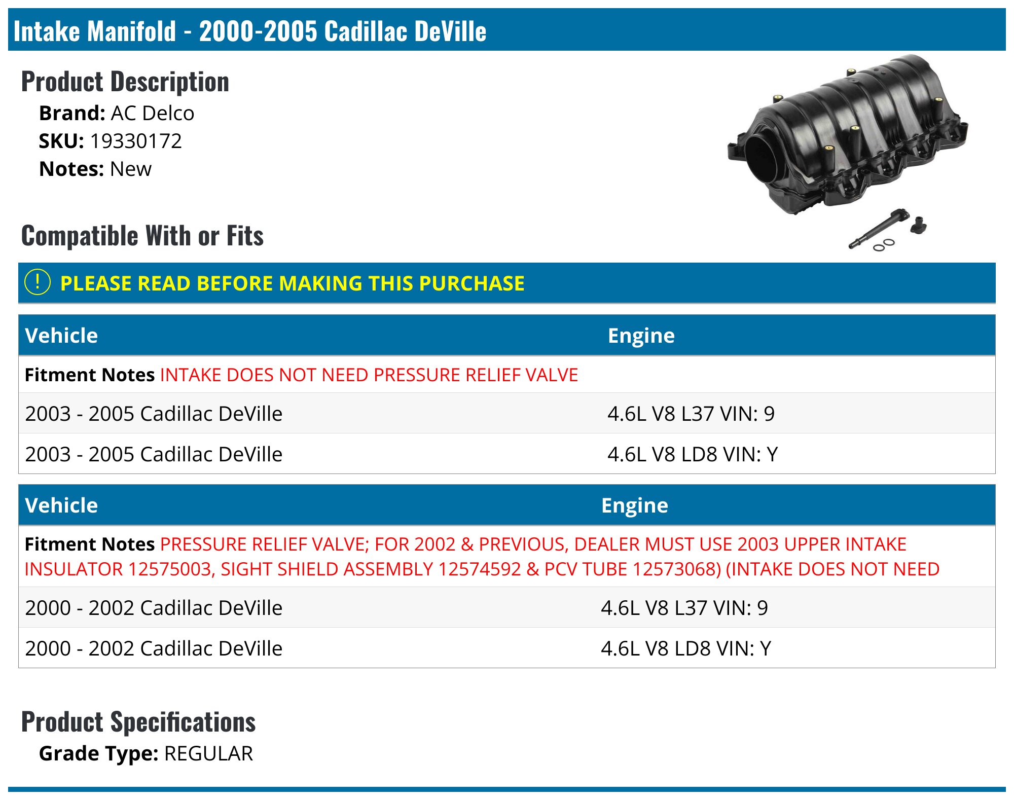 2000-2005 Cadillac DeVille Intake Manifold - AC Delco 19330172 ...