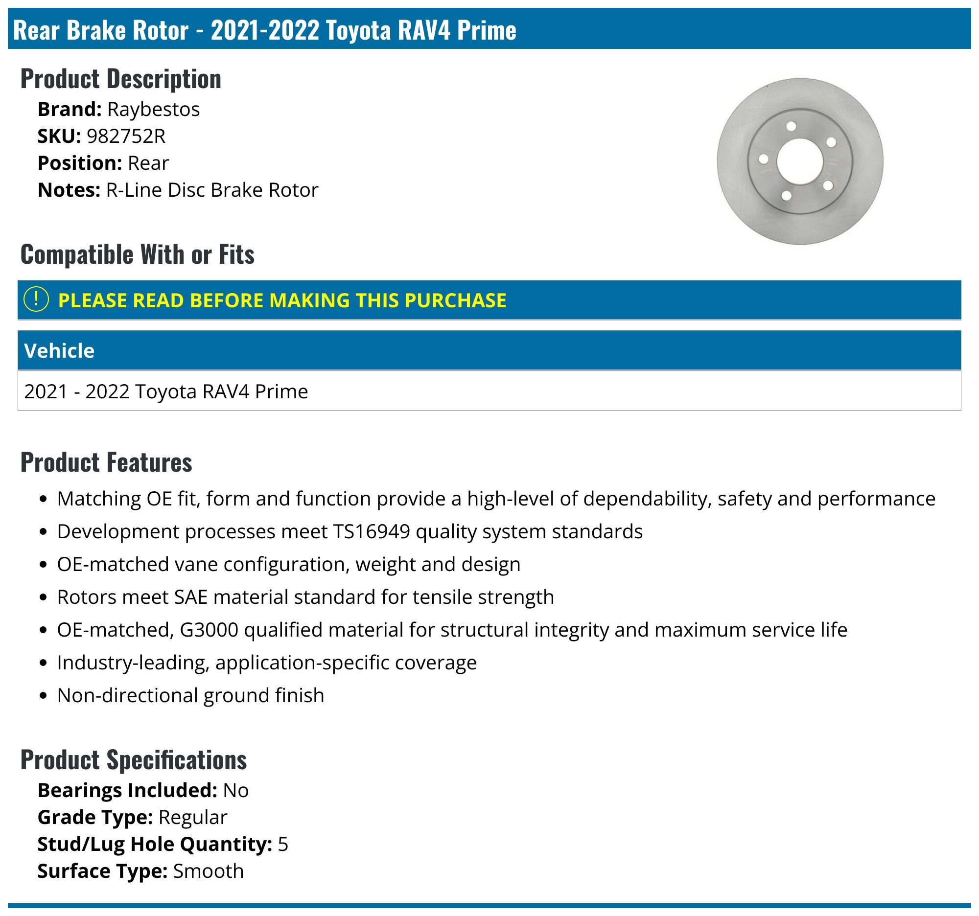 2021-2024 Toyota RAV4 Prime Brake Rotor - Raybestos 982752R - Rear ...