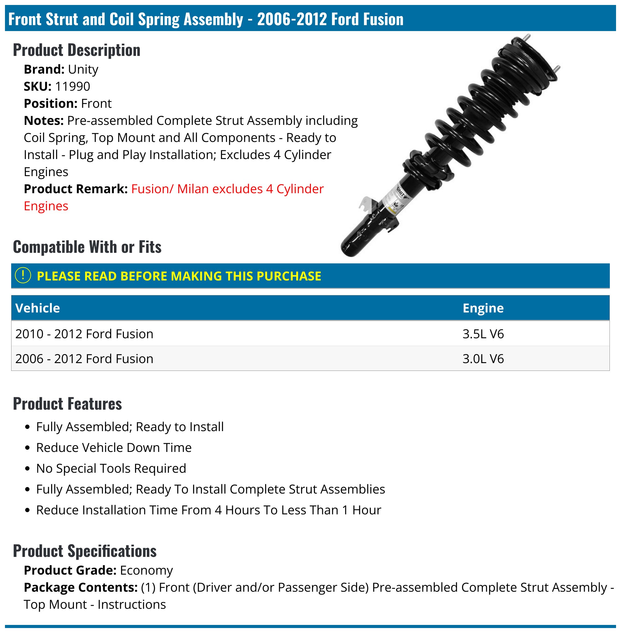 Rear Shock Absorber For 2006-2012 Ford Fusion & 2006-2011 Mercury Milan – Left Or Right, FWD (Evan-Fischer, Sold Individually)