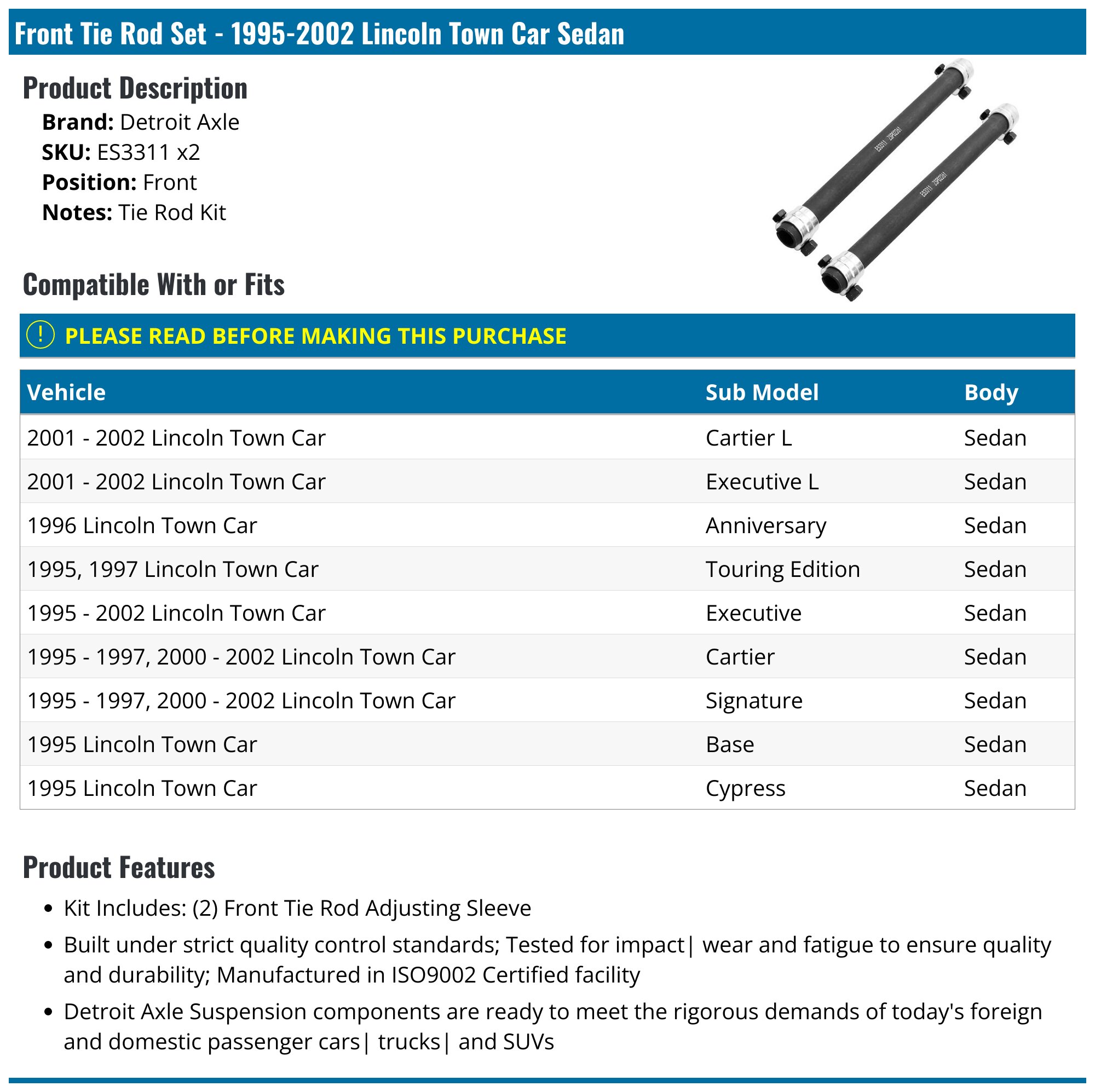19952002 Lincoln Town Car Tie Rod Detroit Axle ES3311 x2 Front