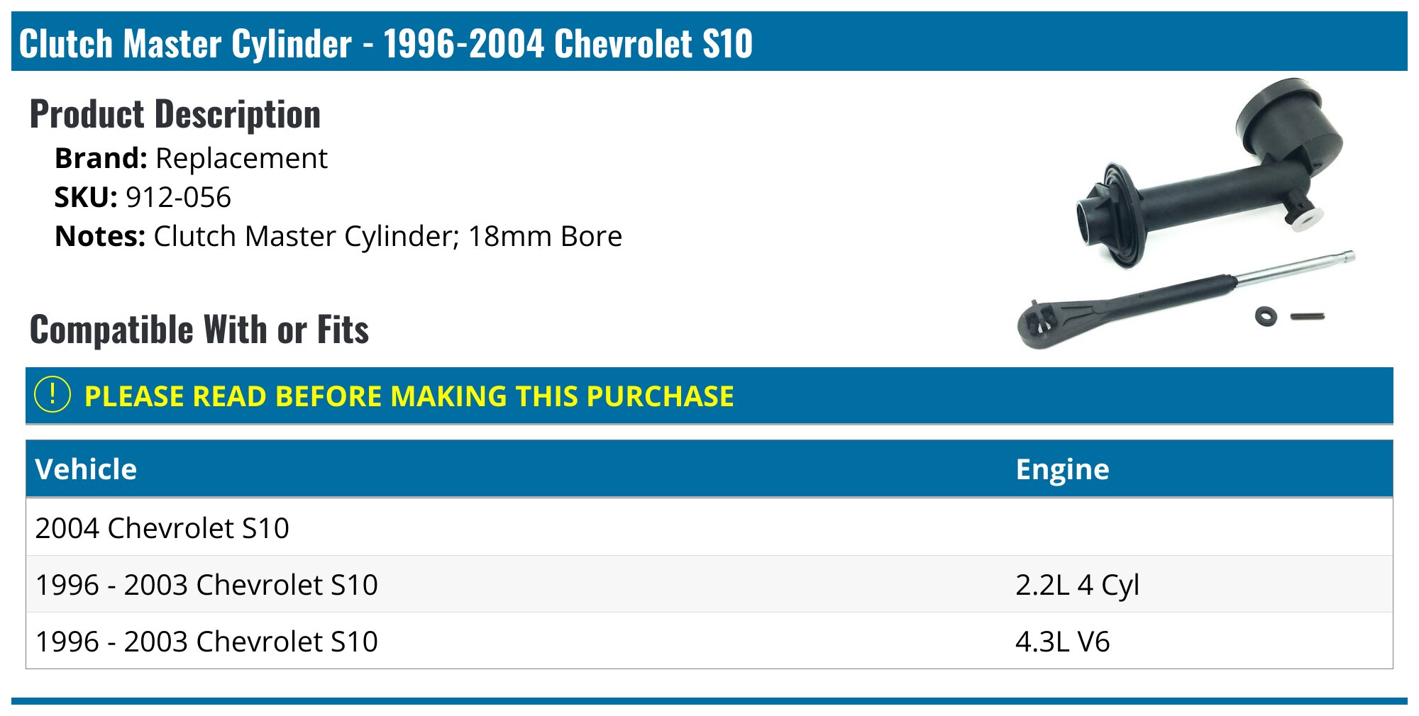 Clutch Master Cylinder – Fits Chevy S10 Blazer GMC Sonoma Jimmy & Isuzu Hombre 96-04