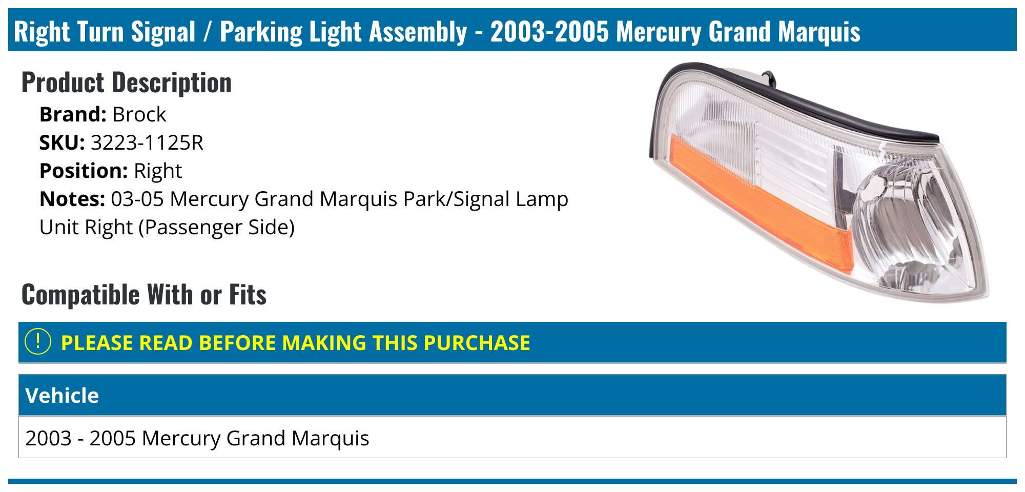 20032005 Mercury Grand Marquis Turn Signal Light Brock 32231125R