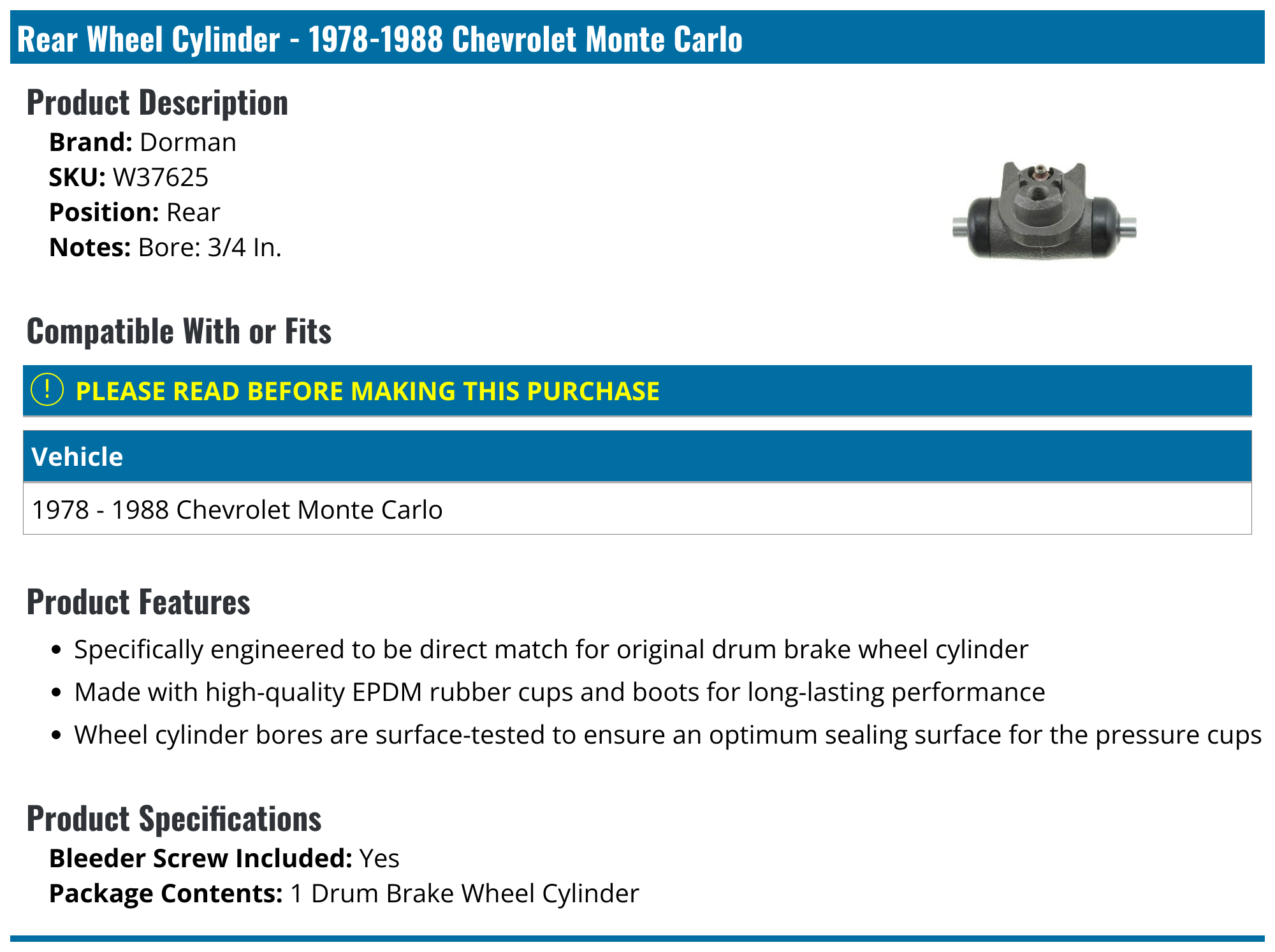 19781988 Chevrolet Monte Carlo Wheel Cylinder Dorman W37625 Rear
