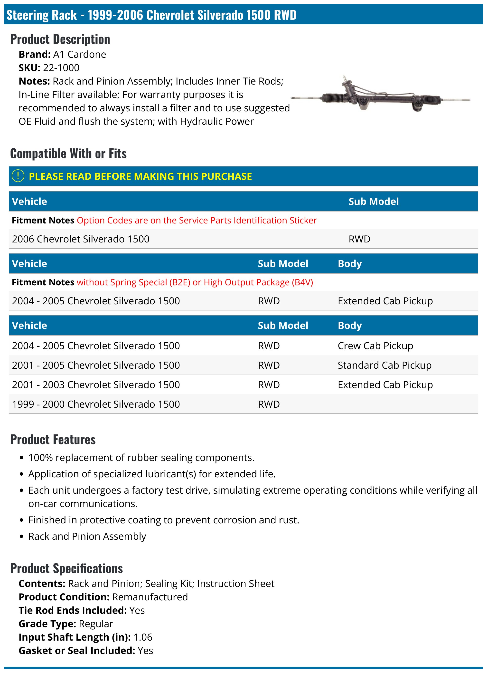 19992006 Chevrolet Silverado 1500 Steering Rack A1 Cardone 221000