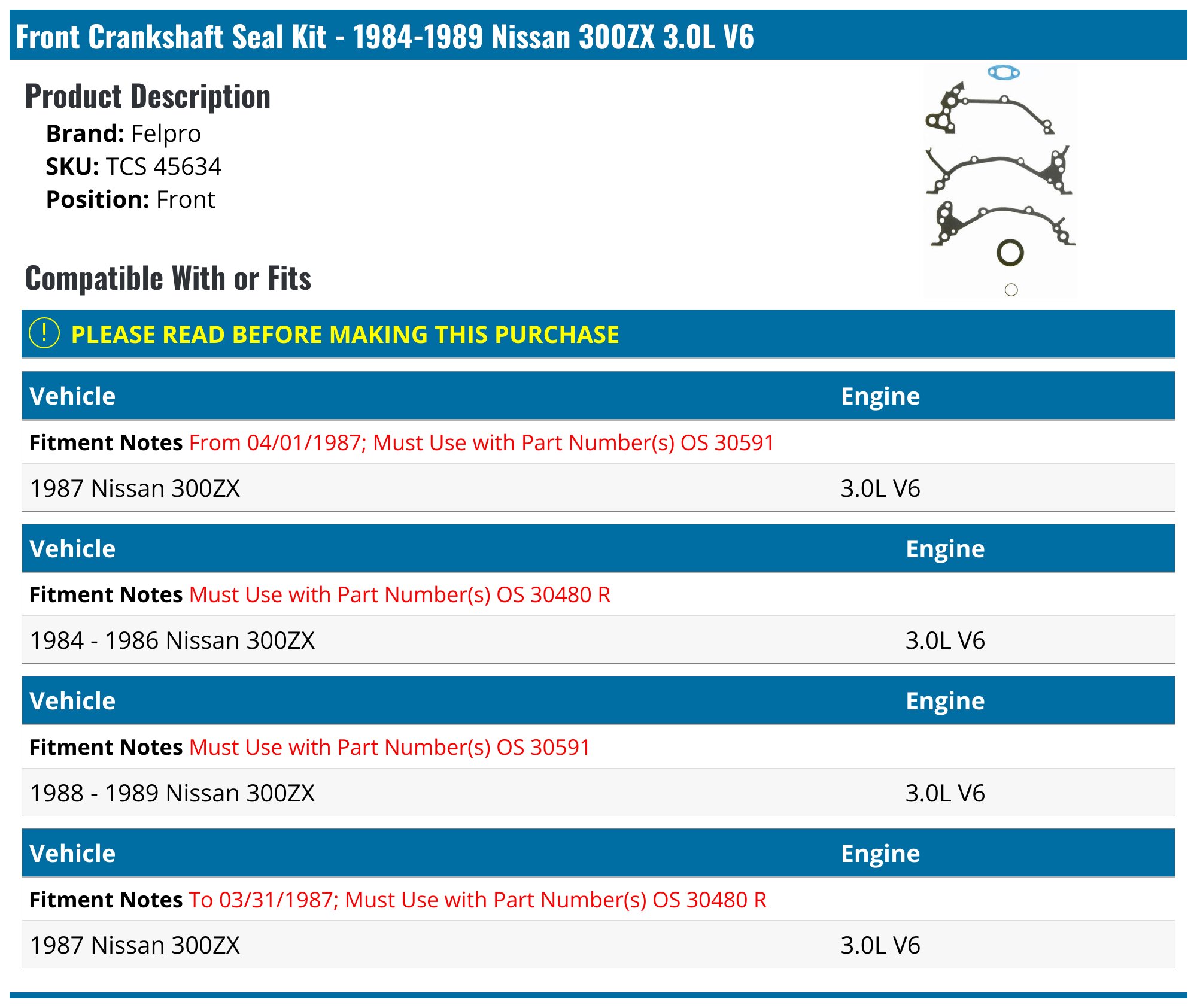 1984-1989 Nissan 300ZX Crankshaft Seal Kit - Felpro TCS 45634