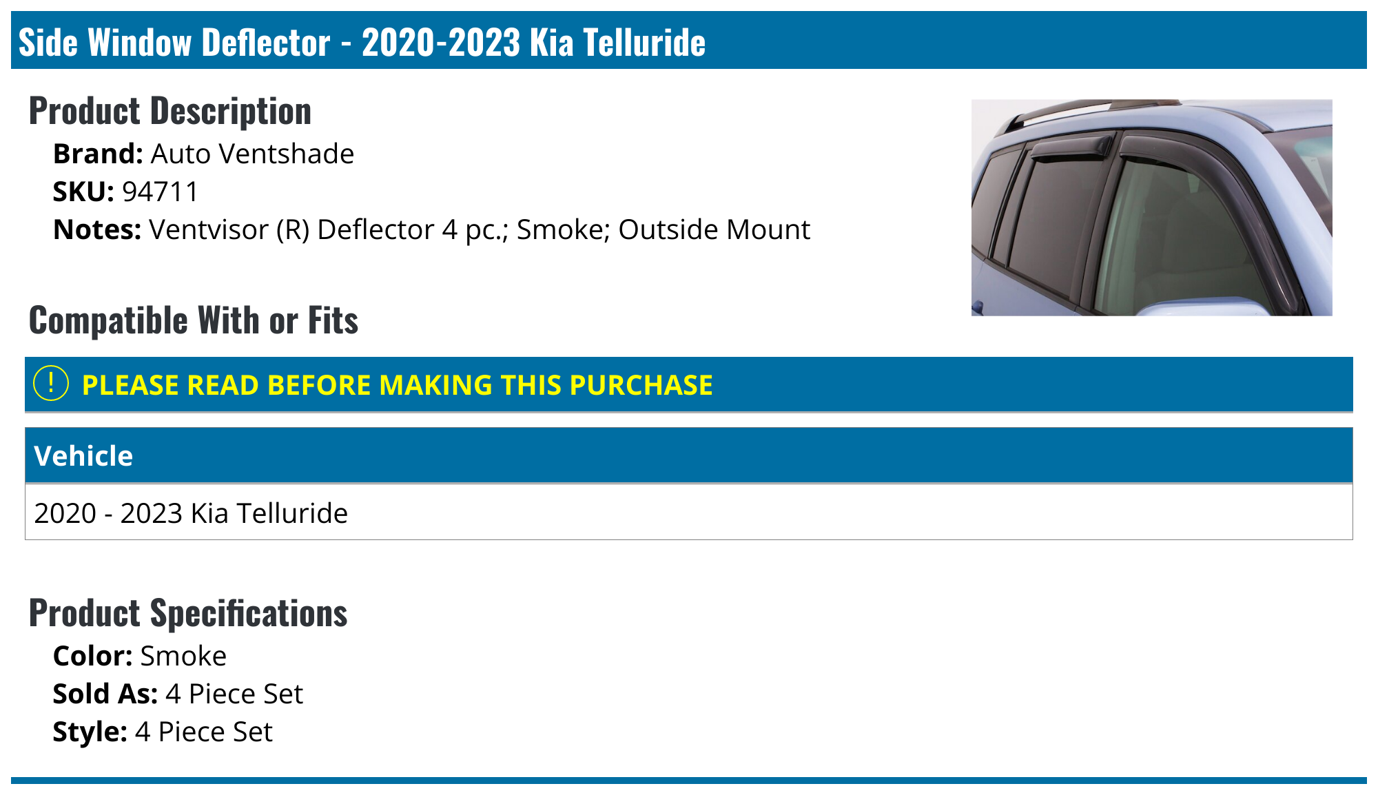 20202024 Kia Telluride Side Window Deflector Auto Ventshade 94711