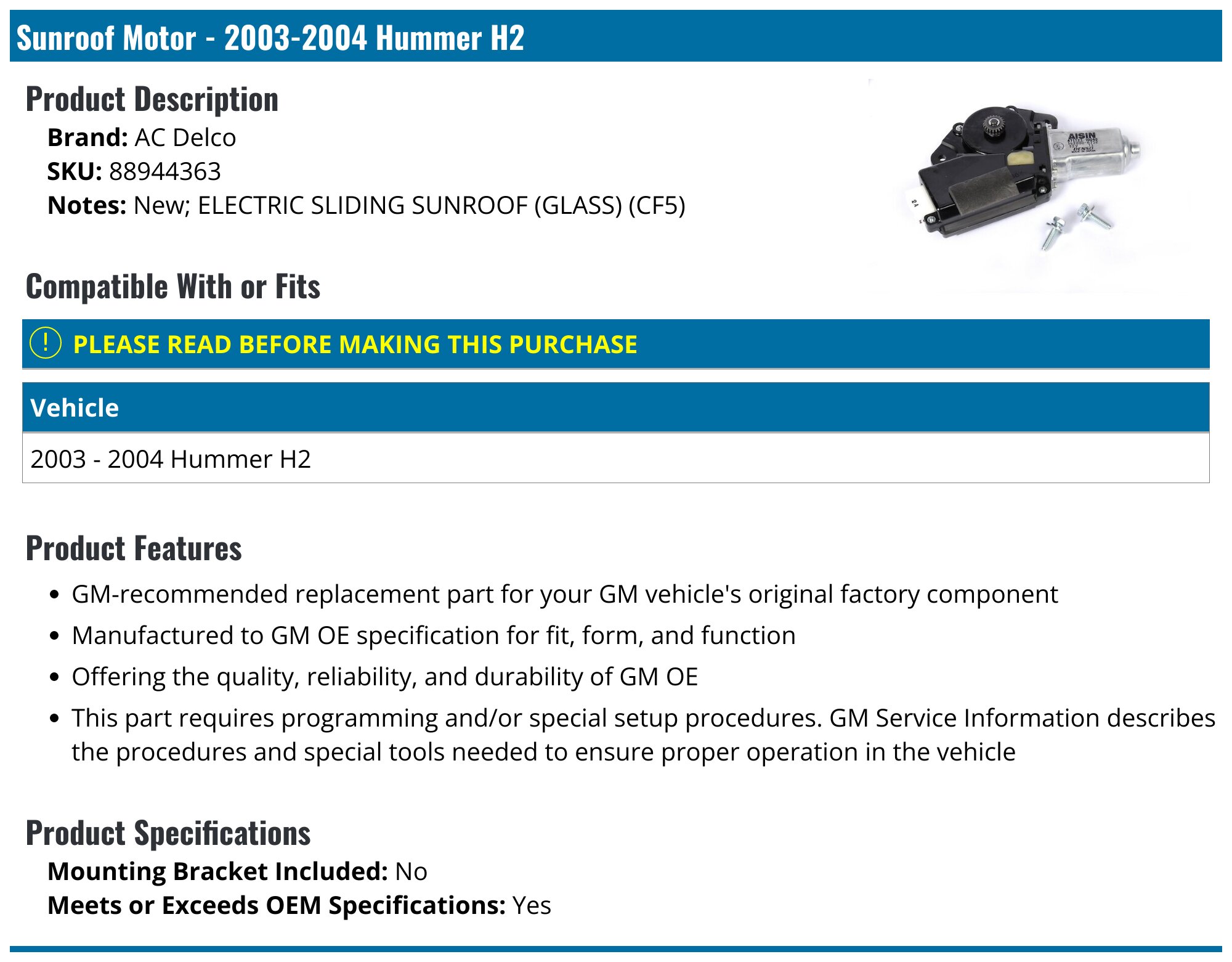 20032004 Hummer H2 Sunroof Motor AC Delco 88944363
