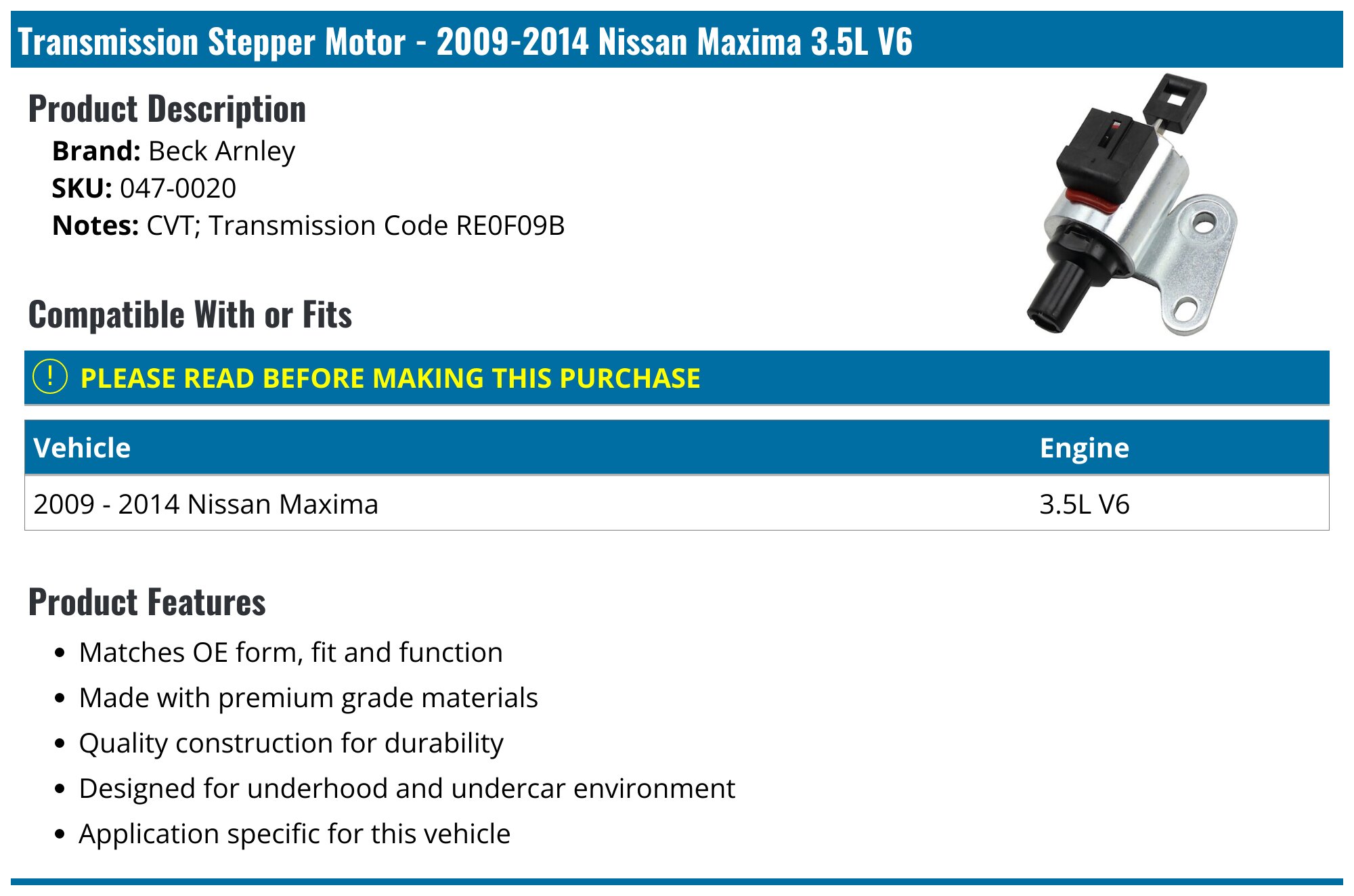 2009-2014 Nissan Maxima Transmission Stepper Motor - Beck Arnley 047-0020 -  PartsGeek.com