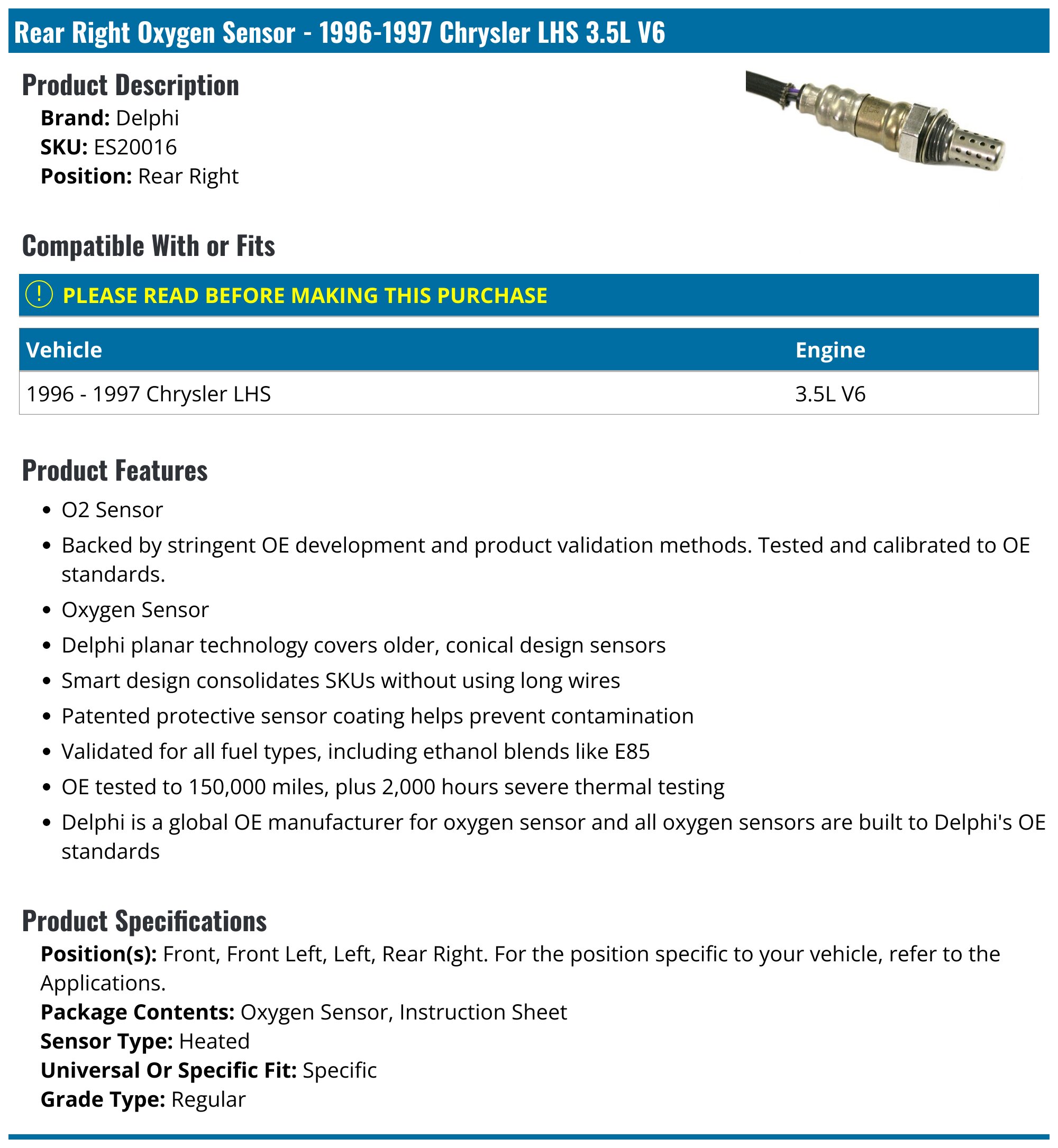 19961997 Chrysler LHS Oxygen Sensor Delphi ES20016 Rear Right