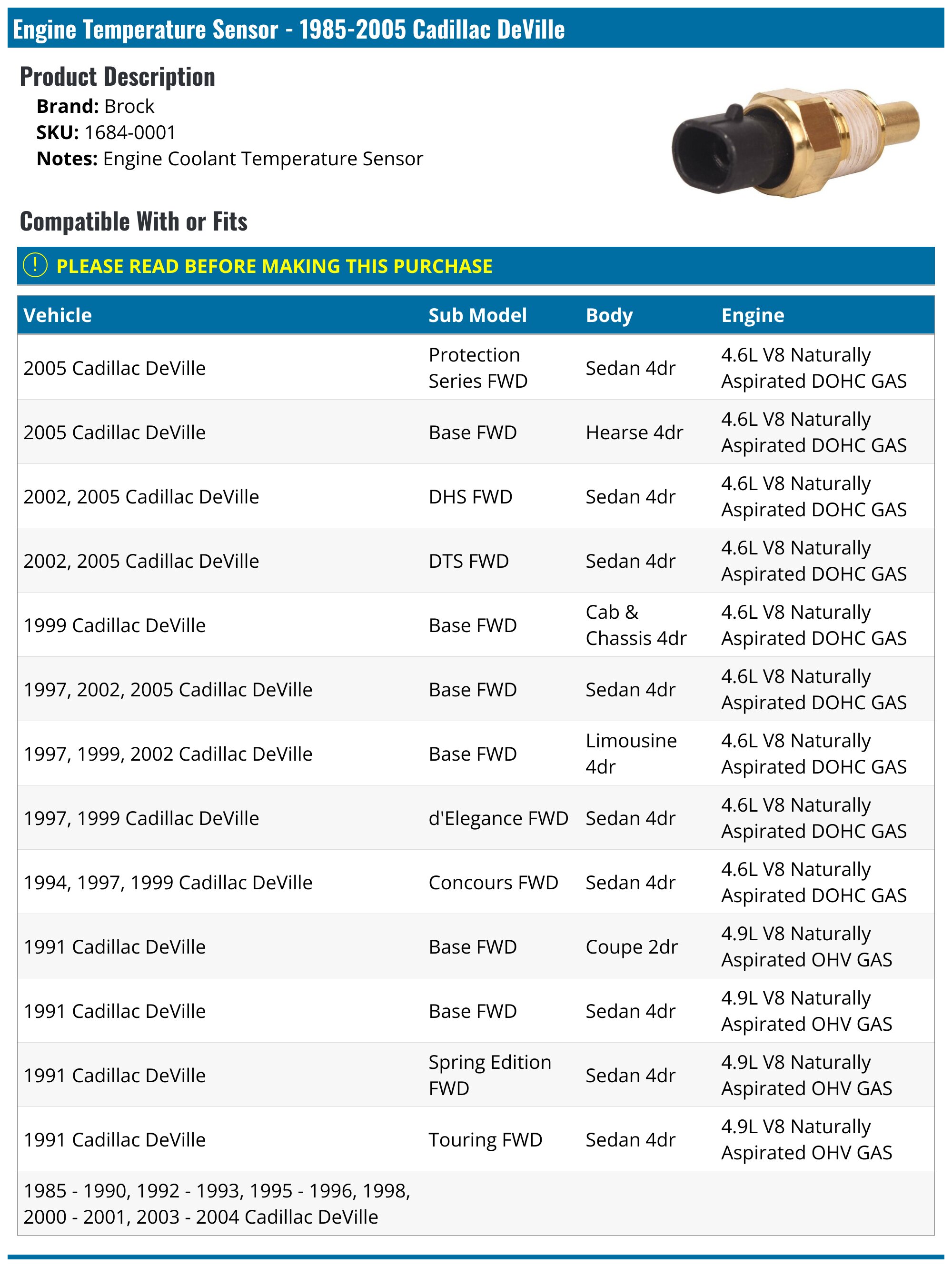 1985-2005 Cadillac DeVille Engine Temperature Sensor - Brock 1684-0001 ...