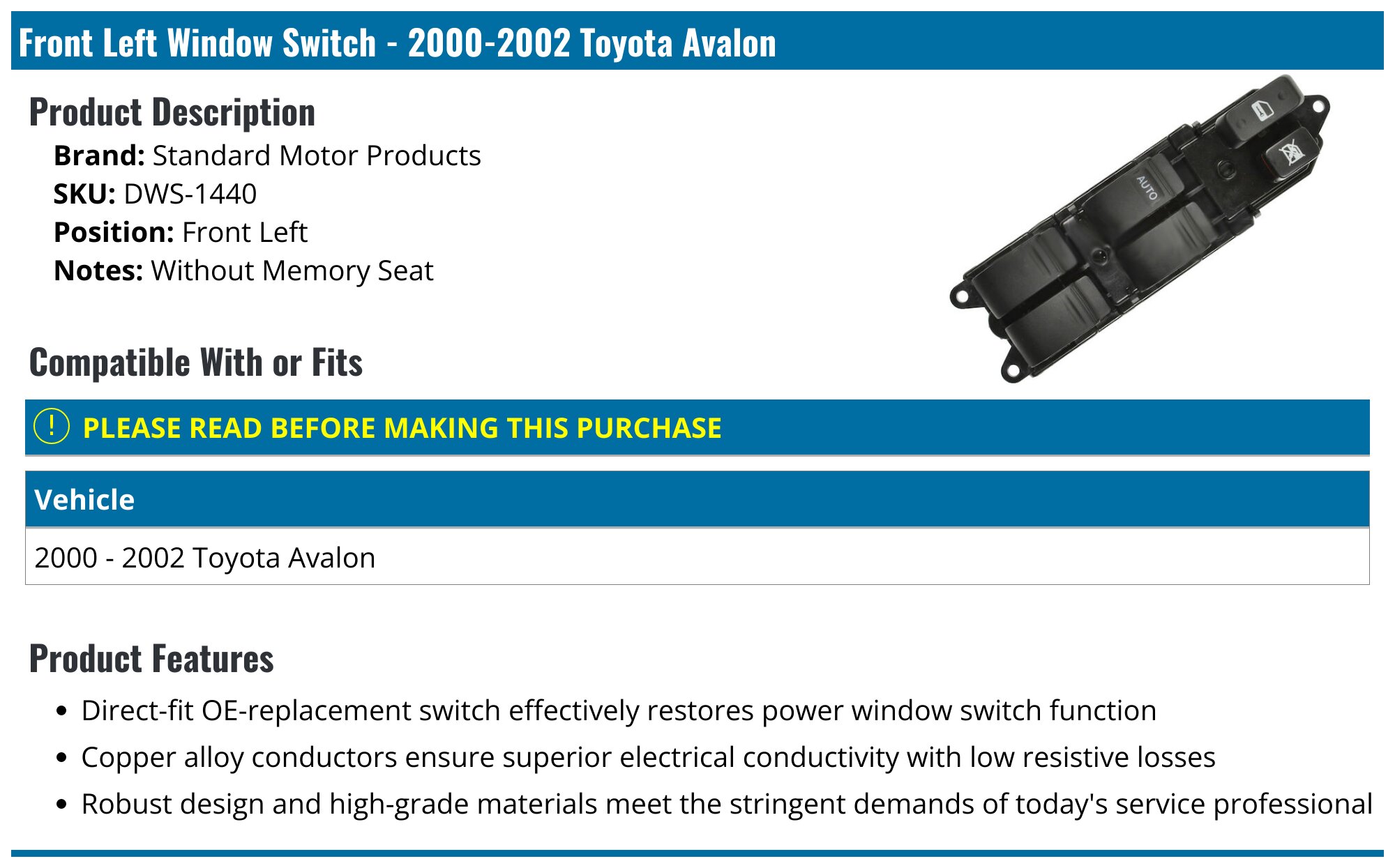 A-Premium Master Power Window Switch For 2005-2009 Toyota Avalon – Driver Side, Replaces 84040AC030