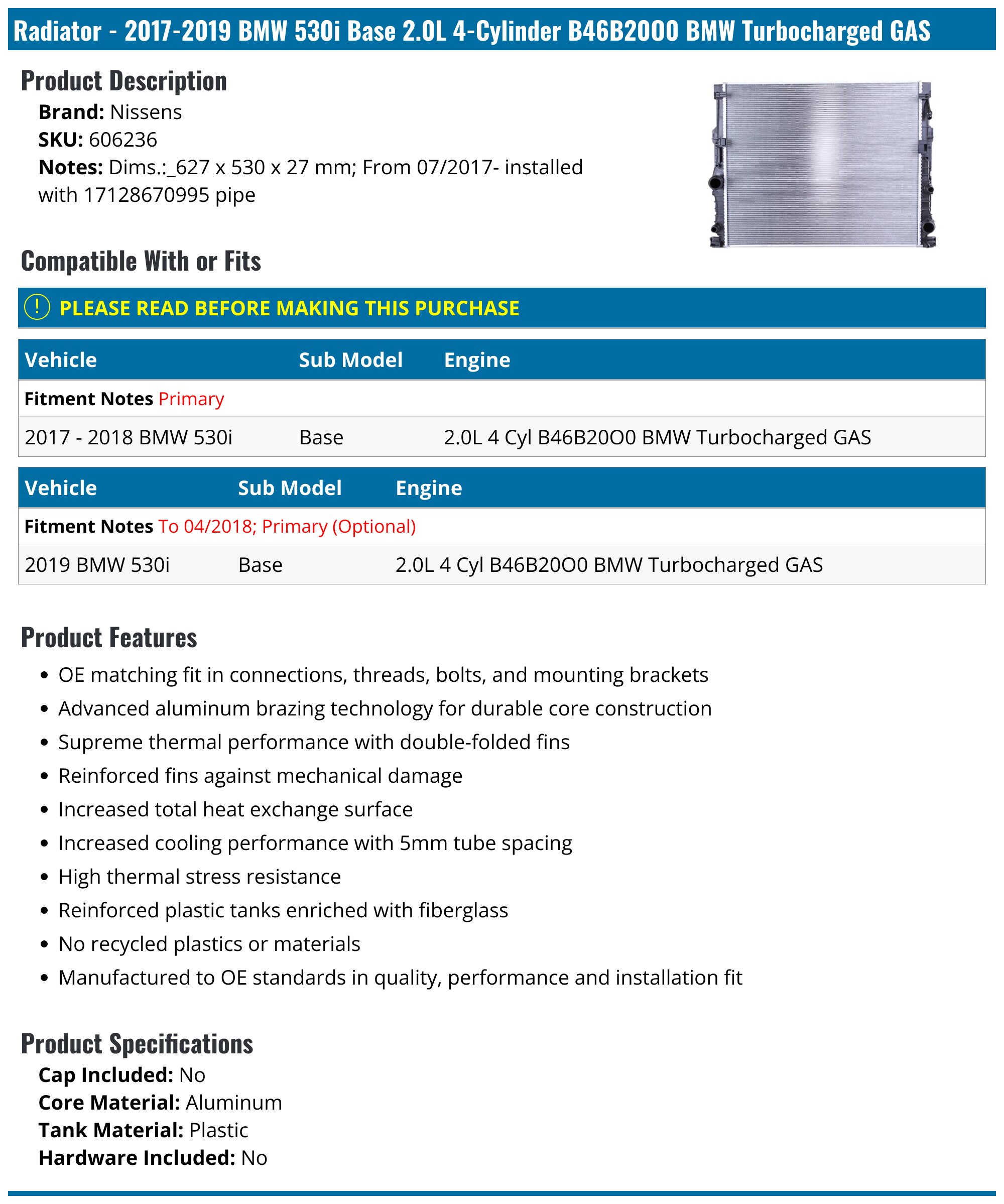 2017-2019 BMW 530i Radiator - Nissens 606236 - PartsGeek.com