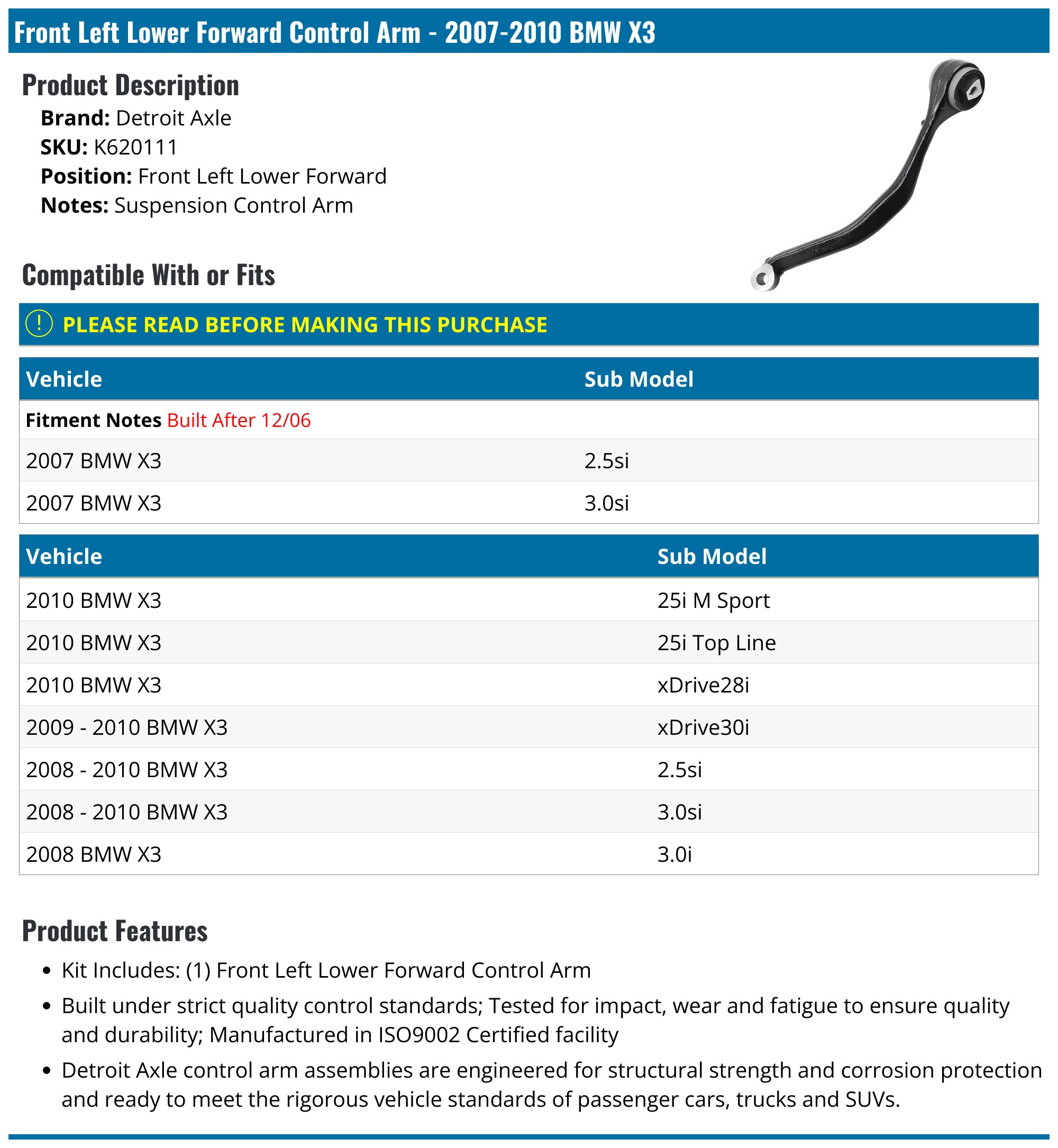 Detroit Axle - Front Lower Forward Control Arms Assembly Replacement For 2004 2005 2006 2007 2008 2009 2010 Bmw X3