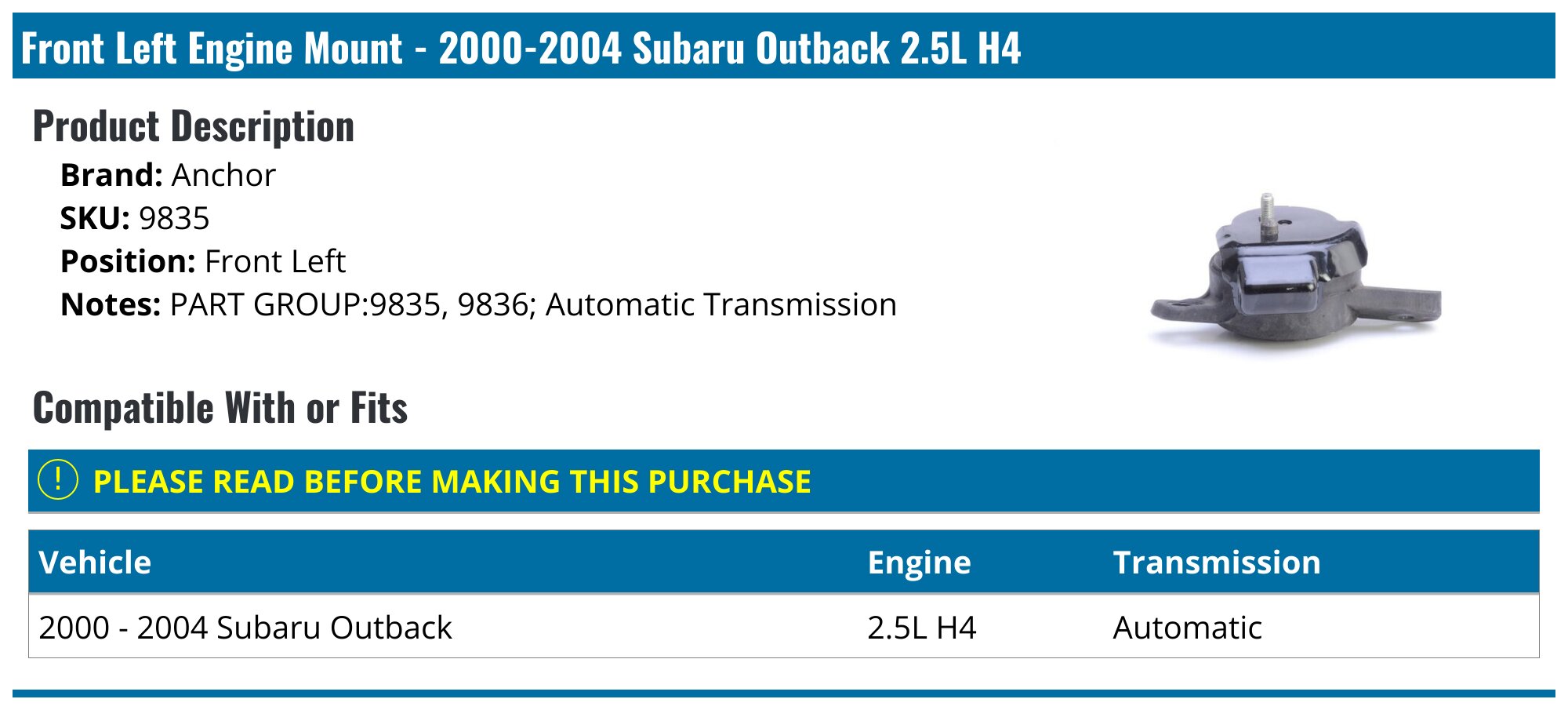 2000-2004 Subaru Outback Engine Mount - Anchor 9835 - Front Left ...