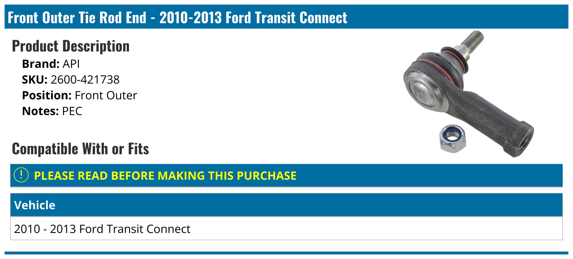 2010 Ford Transit Connect Tie Rod End