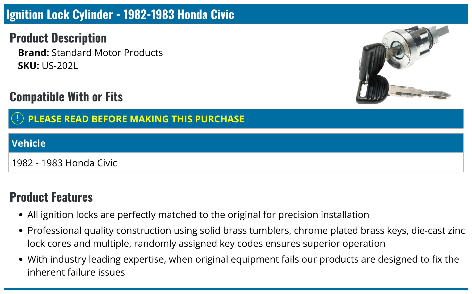Honda Civic Ignition Lock Cylinder - Ignition Switch Lock Cylinder - Wells  Beck Arnley Standard Motor Products Dorman Replacement - 1999 2000 1989  1995 1991 1992 1990 1993 99 00 89 95 91 92 90 93 - PartsGeek
