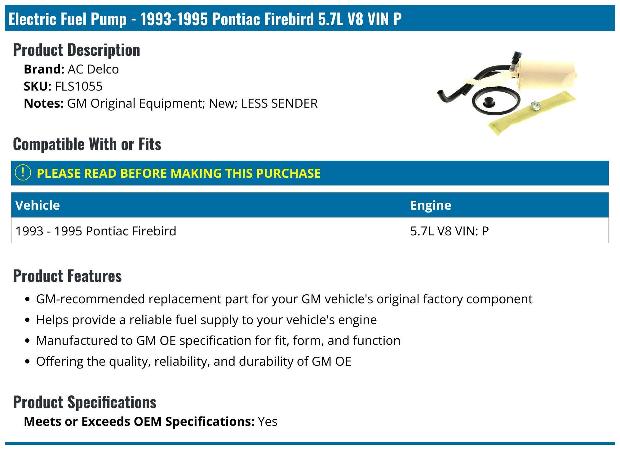 Vphix Fuel Pump & Sending Unit Assembly For 1993-1995 Camaro Firebird 5.7L V8