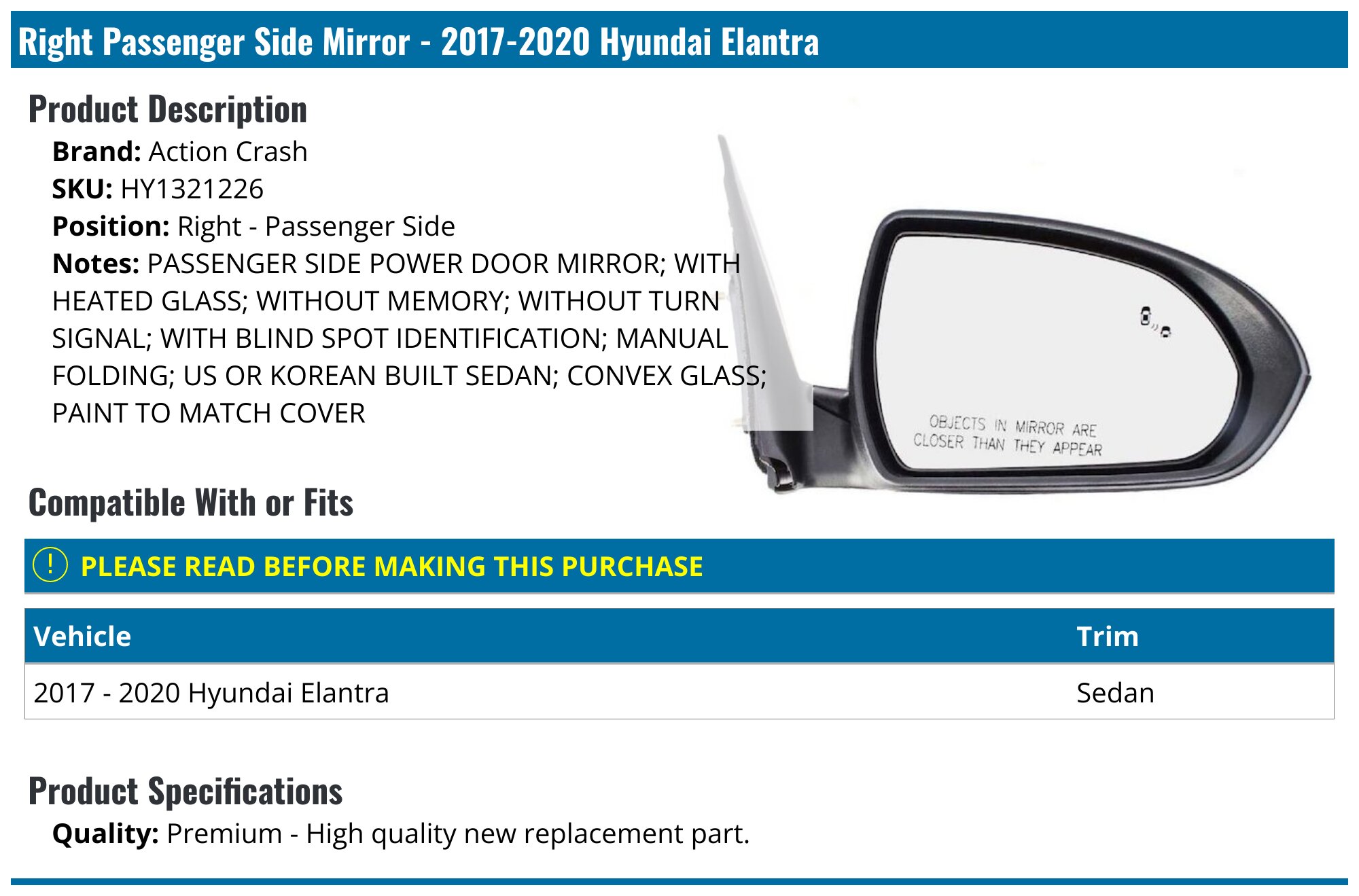 MZORANGE Right Passenger Side Mirror For Hyundai Elantra 2017-2020 - Manual Fold, Black, Power Glass Adjustment, Non-Heated