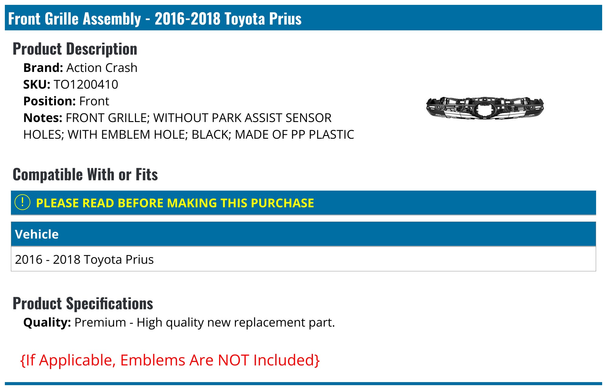 Genuine Toyota Front Upper Grille For 2016-2018 Prius 1.8L – With Sensor Holes – Black