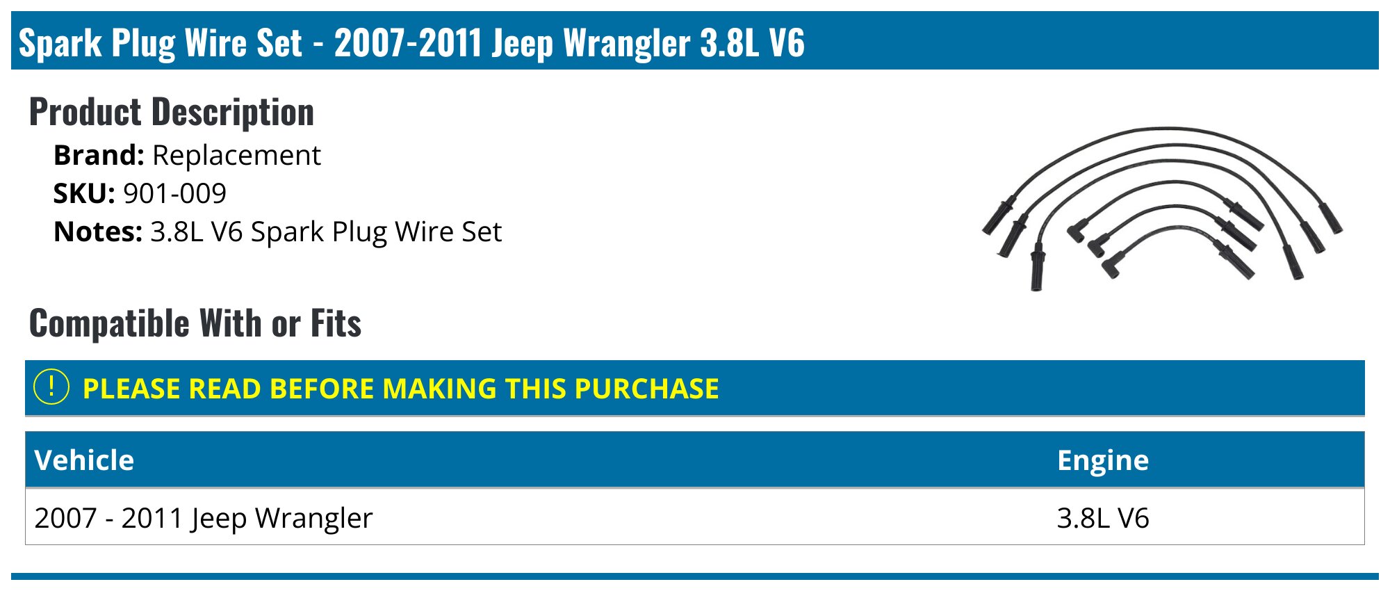 20072011 Jeep Wrangler Spark Plug Wire Set Replacement 901009