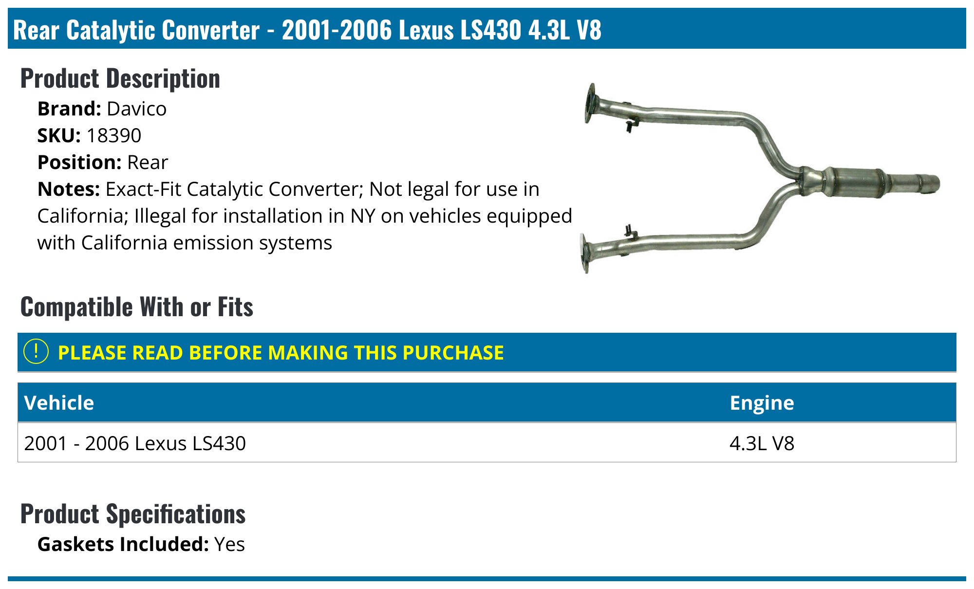 Front Y-Pipe Catalytic Converter For Lexus LS430 2001-2006 – OBD II Compliant, Made In Canada By Speedy Exhaust