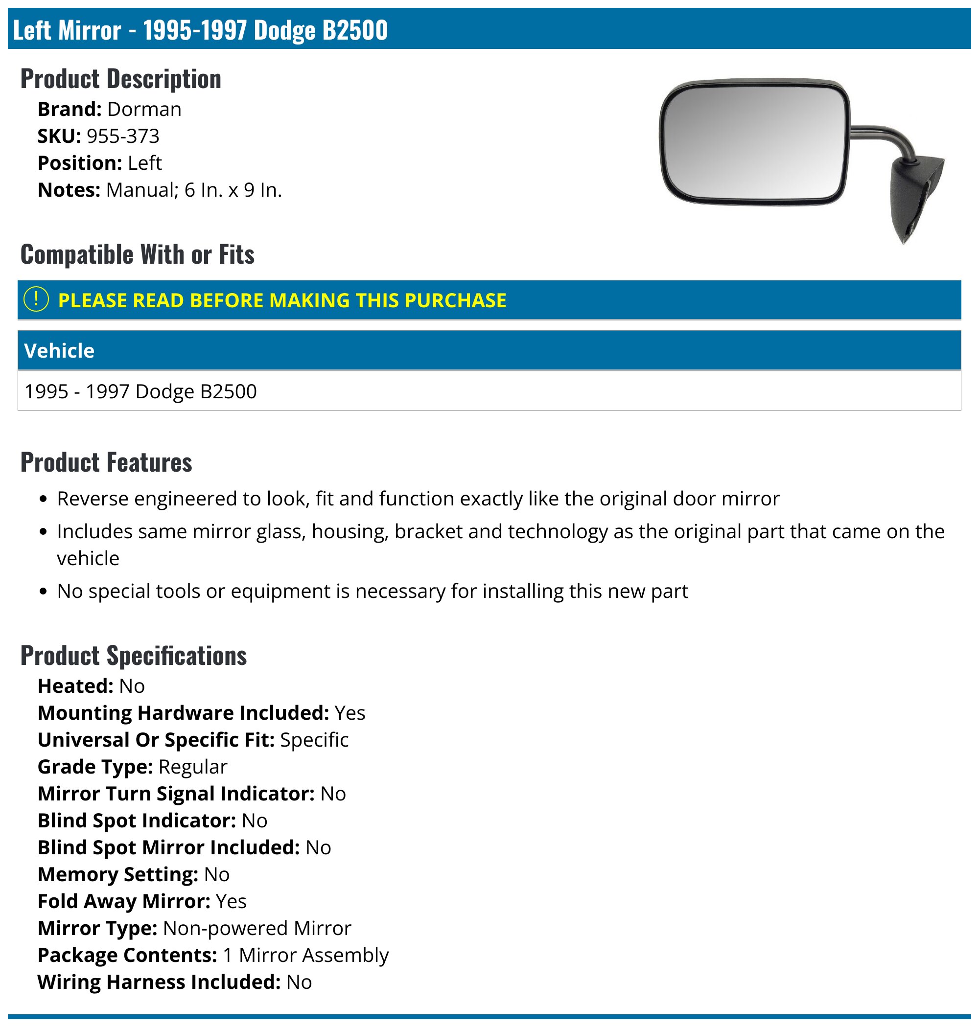 1995-1997 Dodge B2500 Mirror - Kool Vue DG26R - Right