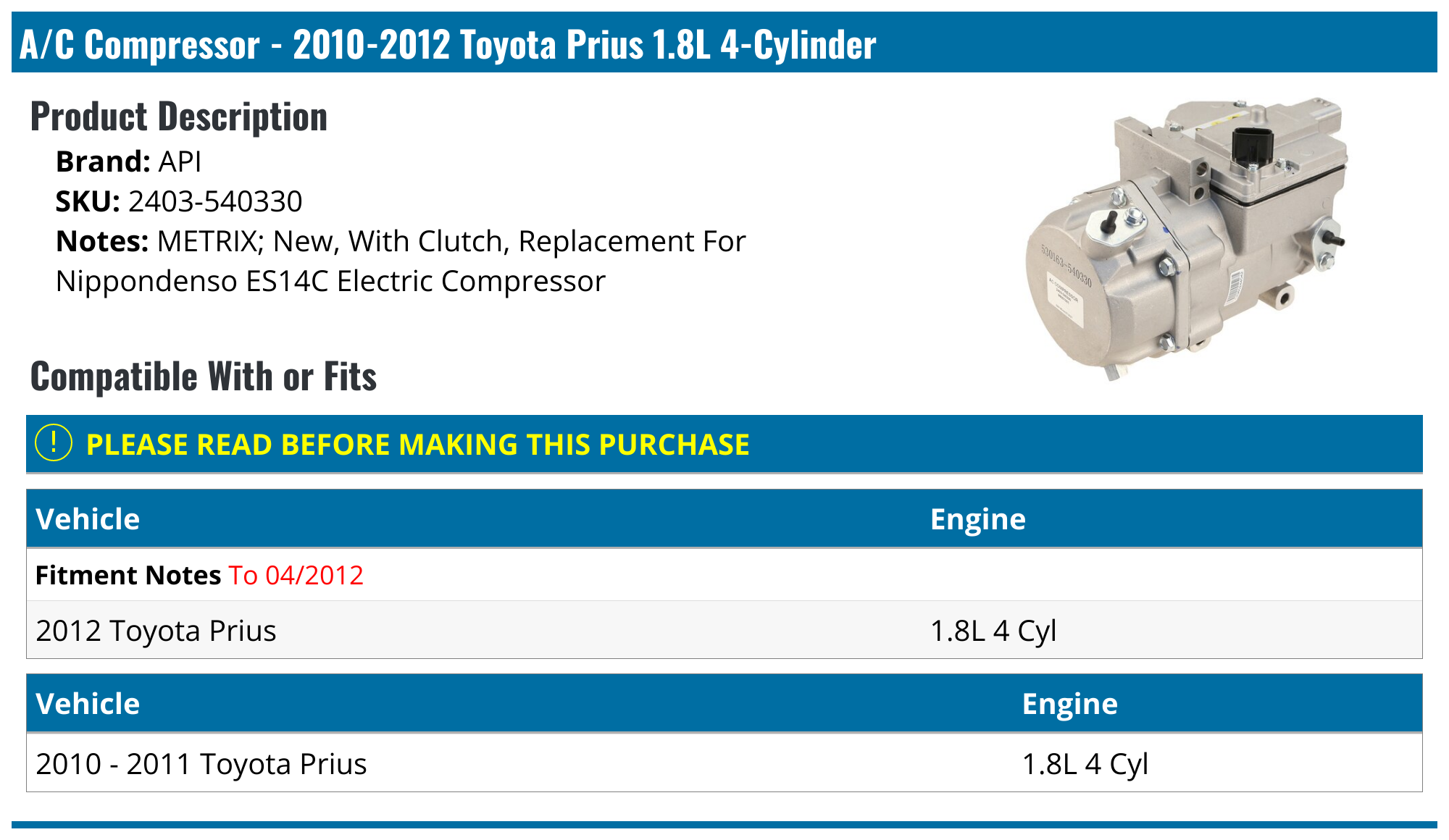 2010-2012 Toyota Prius A/C Compressor - API 30440-02390530 - PartsGeek.com