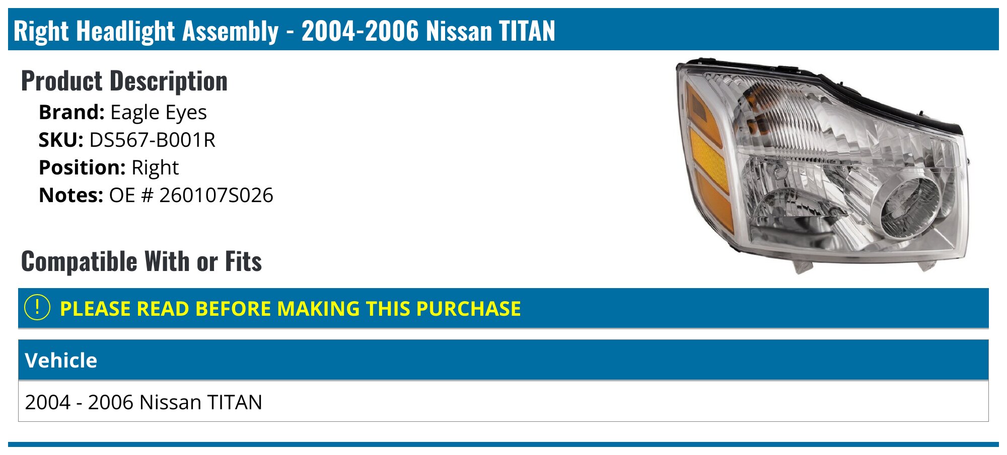 20042006 Nissan Titan Headlight Assembly Eagle Eyes DS567B001R
