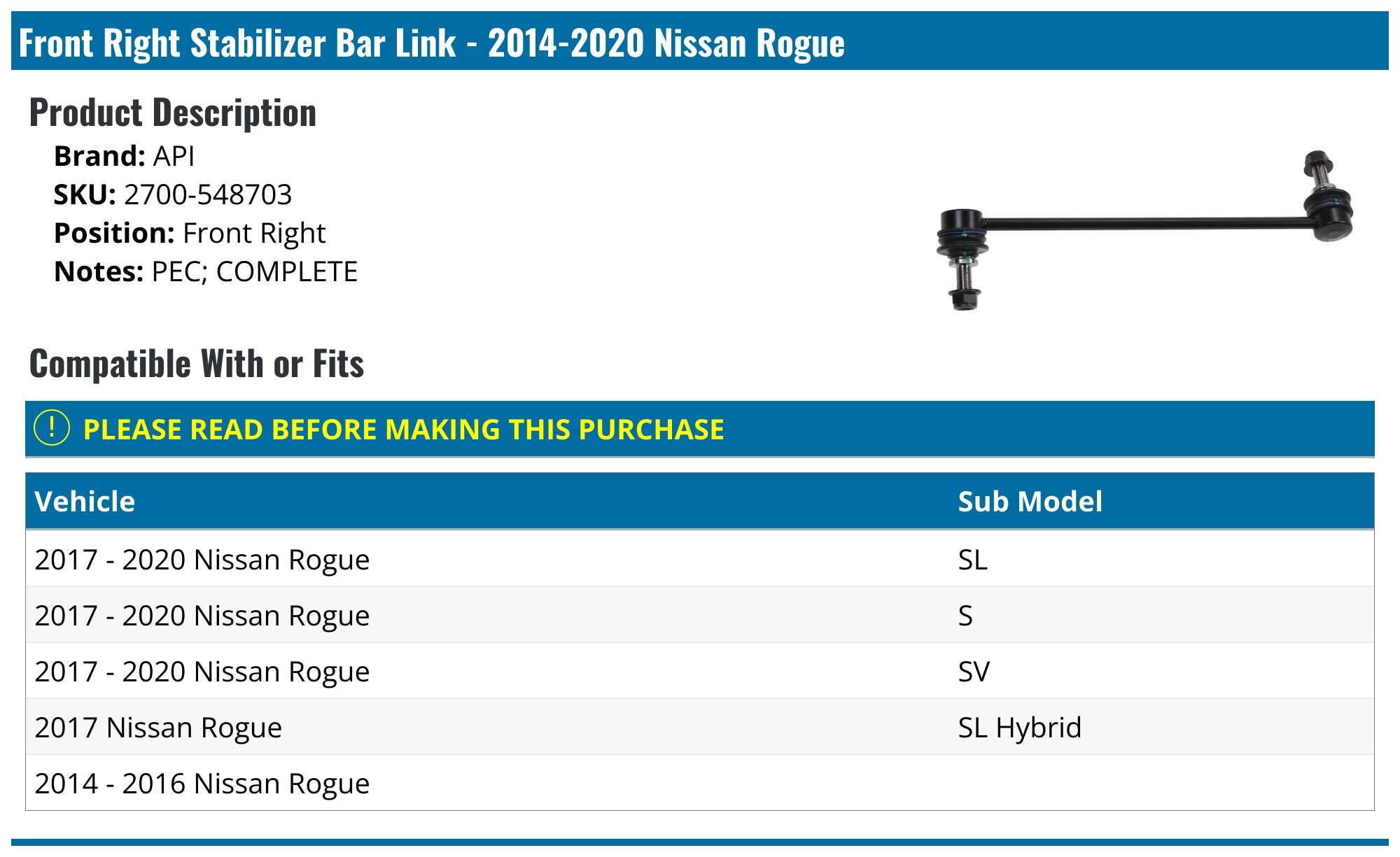 Nissan Rogue Sway Bar Link - Sway Bar Links - Moog Mevotech API