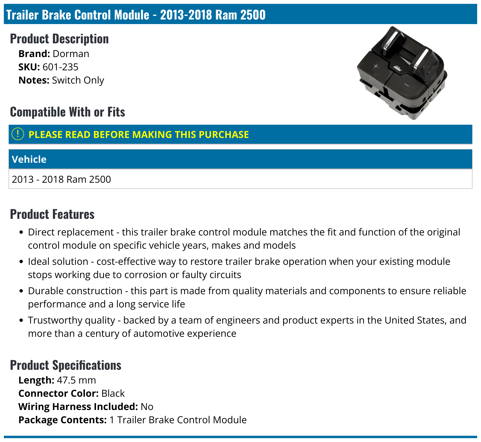 20132018 Ram 2500 Trailer Brake Control Dorman 601235