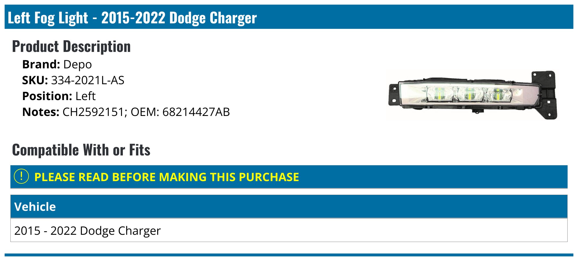 2023 dodge charger fog lights 2015-2023 Dodge Charger Front Bumper Fog Lights Lamp H11 12V 55W Bulb main image 0