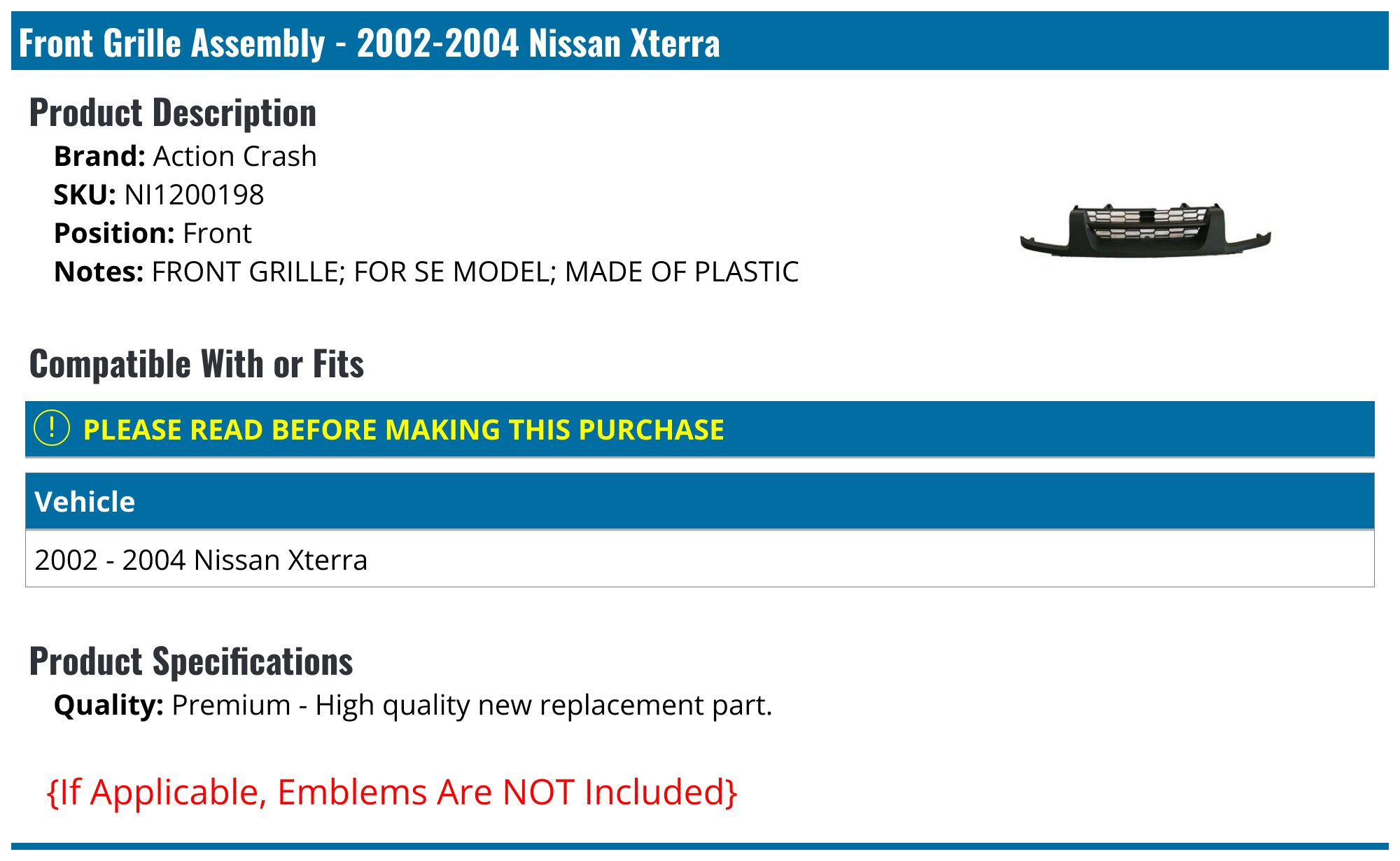 Front Grill Grille Compatible with 2005-2008 Nissan Xterra Off-Road S