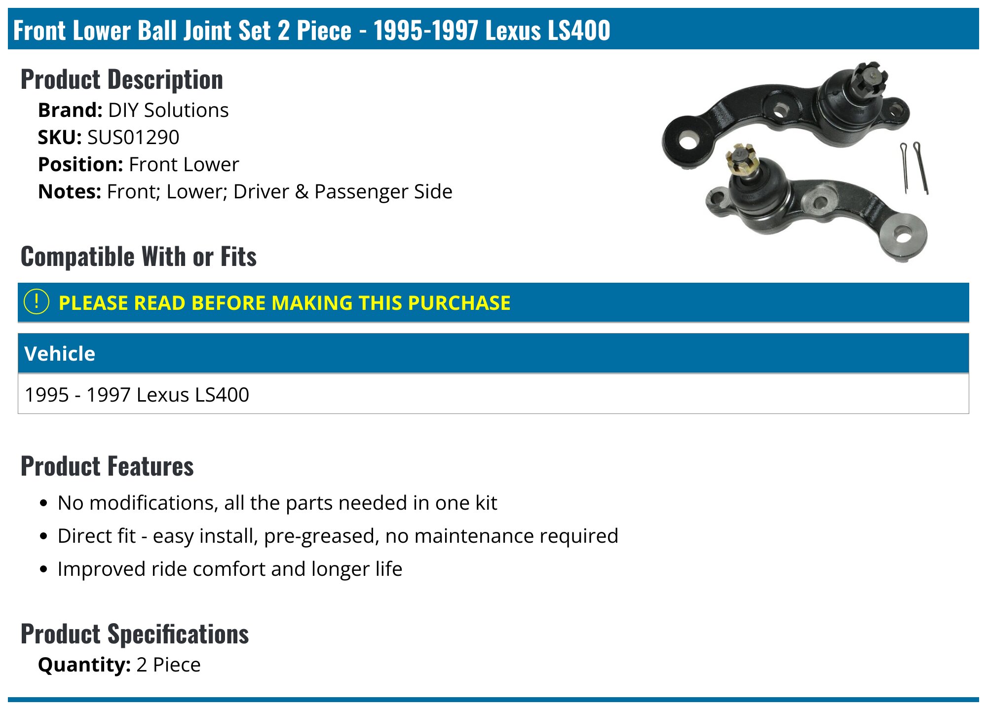 TRQ Front Lower Ball Joint Kit For 1995-1997 Lexus LS400 – Left And Right Pair