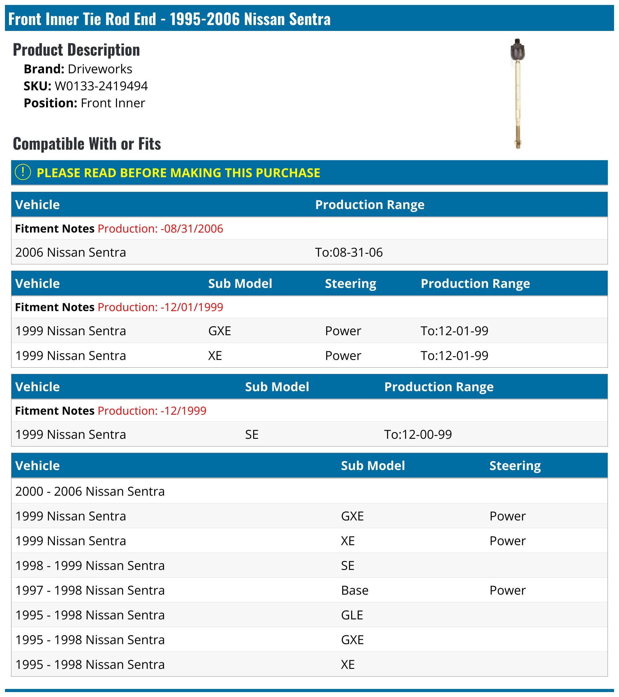 19952006 Nissan Sentra Tie Rod End Driveworks W01332419494 Front