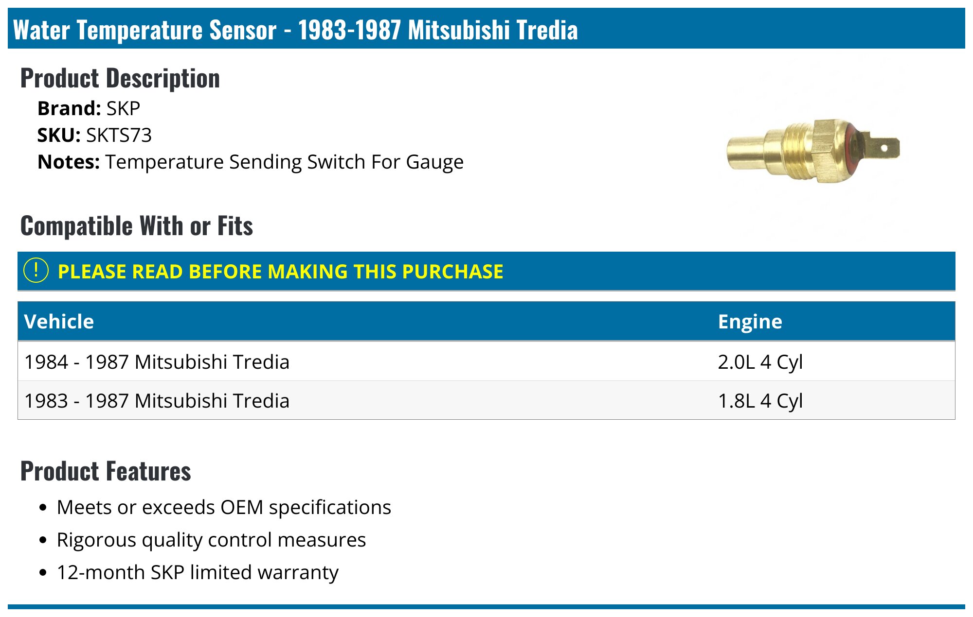 19831987 Mitsubishi Tredia Water Temperature Sensor SKP SKTS73