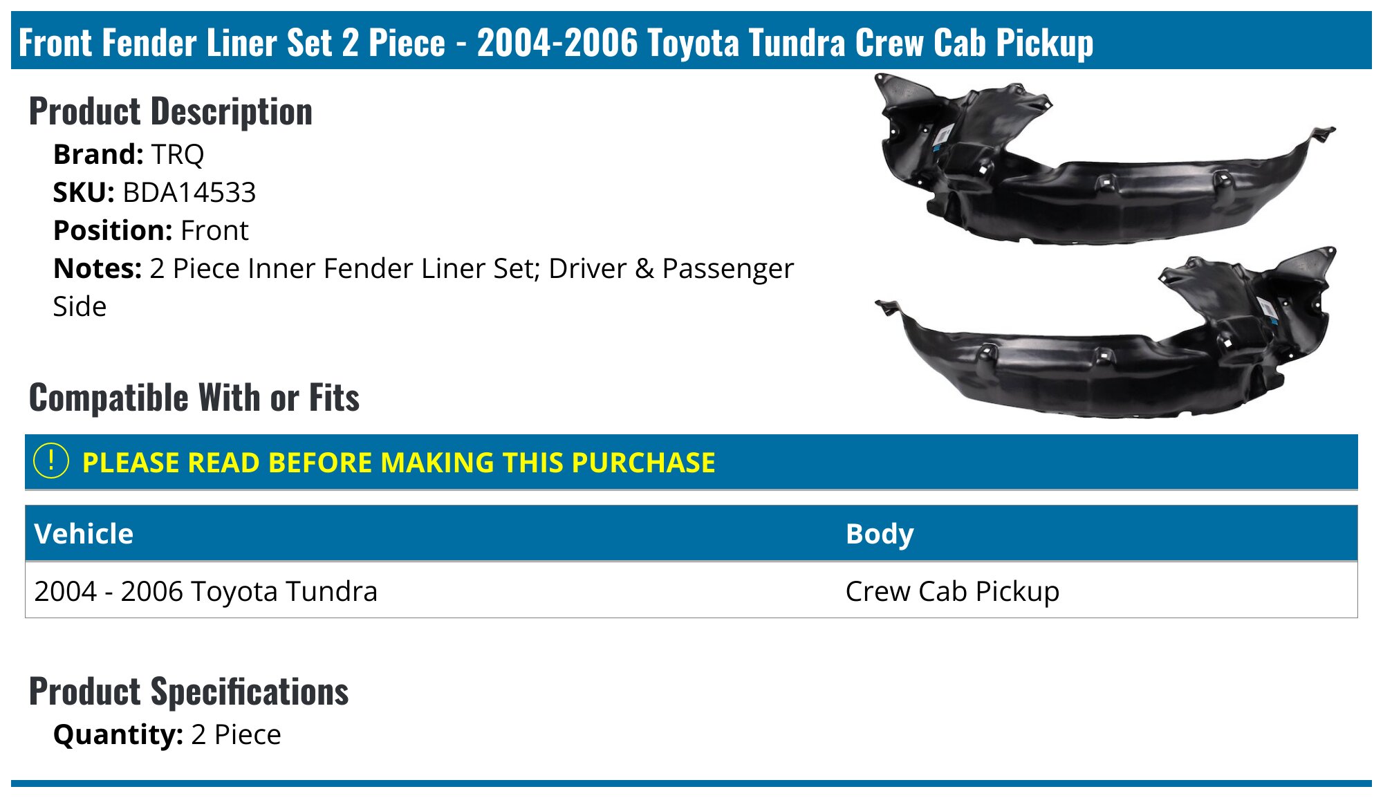 Right Front Fender Assy W/o Fender Flares; Except Double Cab CAPA &ndash; TOYOTA TUNDRA 2000-2006