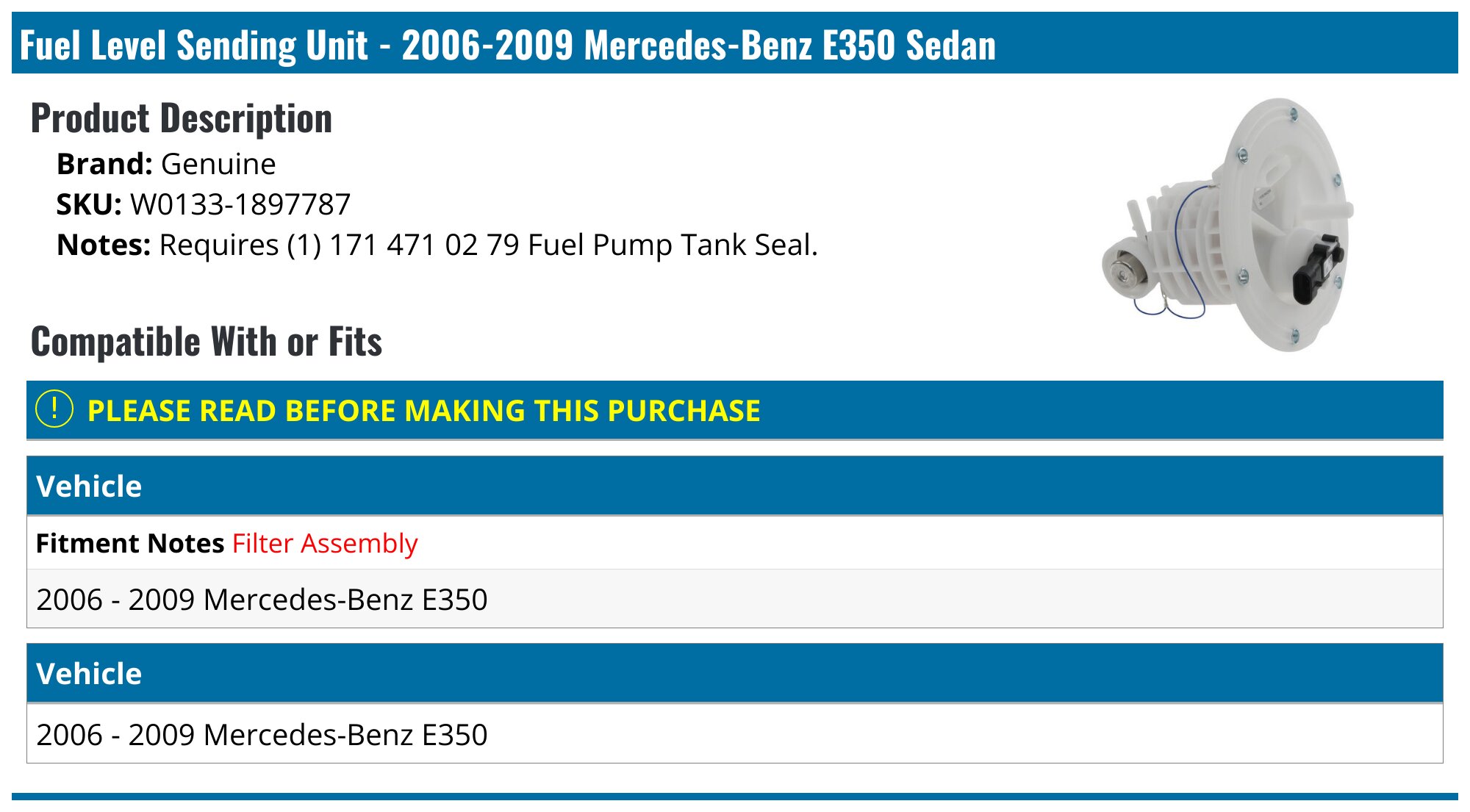 2006-2009 Mercedes E350 Fuel Tank Sending Unit - Genuine W0133  