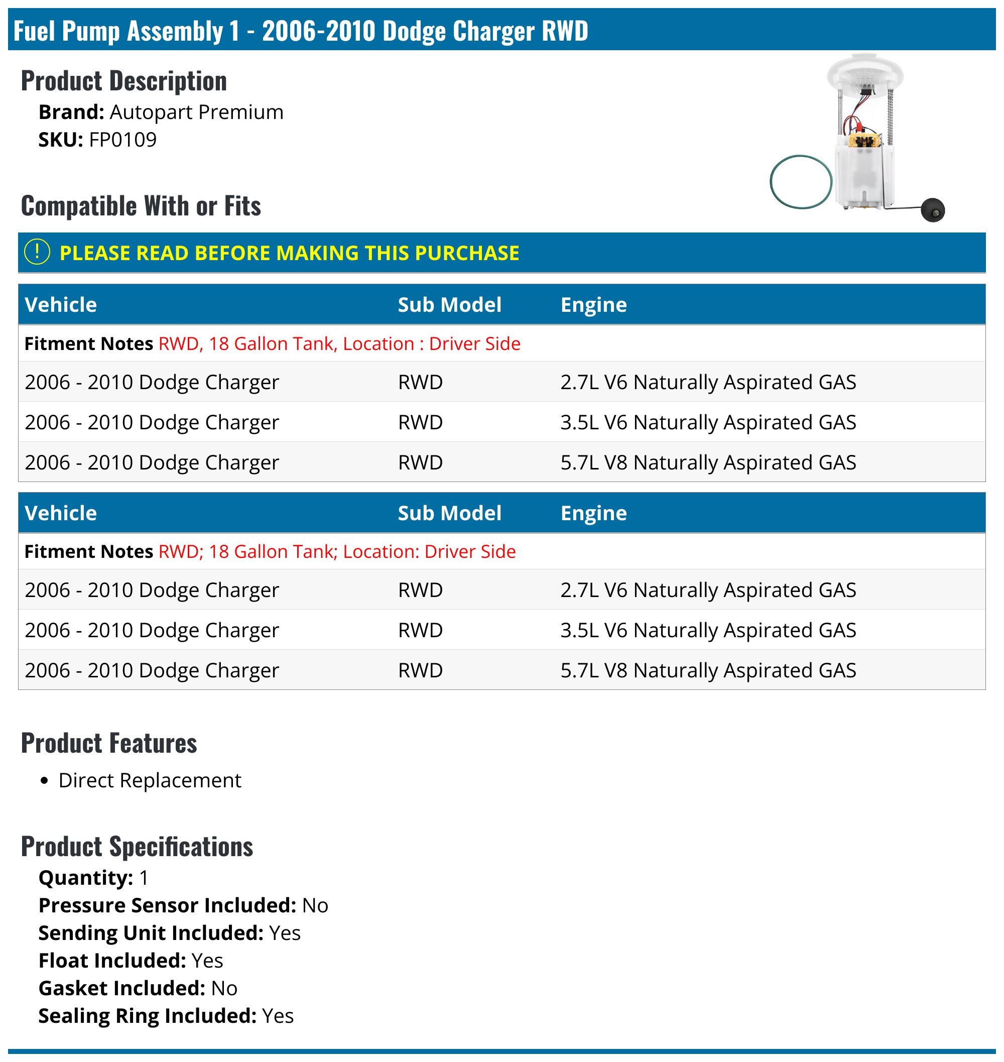 Pair Of Fuel Pump Assemblies For 2006-2010 Dodge Charger 2.7L 3.5L 5.7L - 18 Gallon Tank