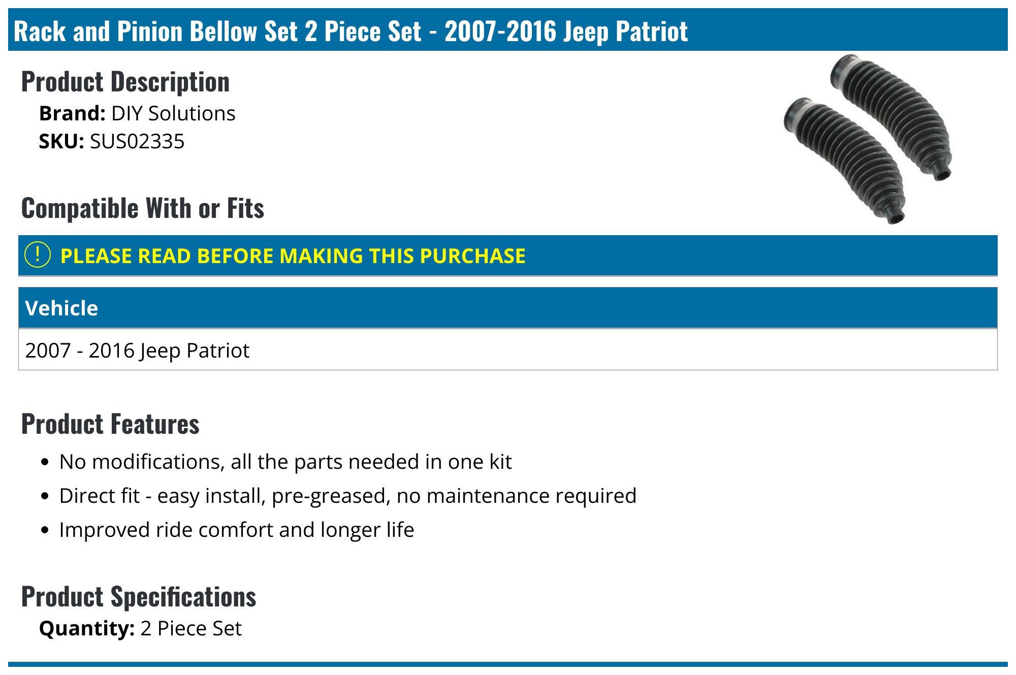 20072016 Jeep Patriot Rack and Pinion Bellow DIY Solutions SUS02335