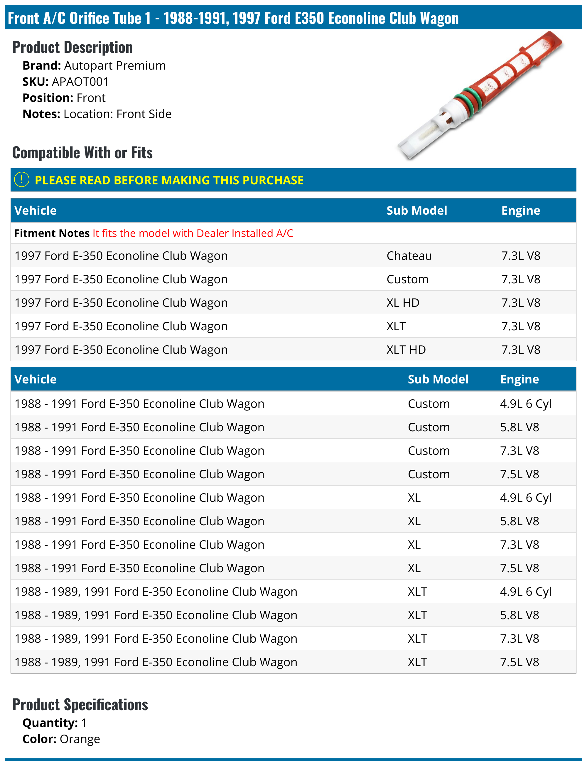 1988-1991, 1997 Ford E350 Econoline Club Wagon A/C Orifice Tube ...
