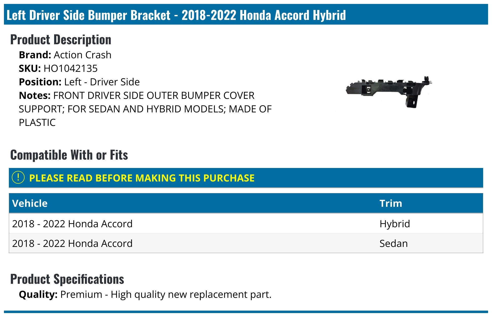 Front Driver Side Bumper Retainer For 2018–2021 Honda Accord Sedan – HO1042135, Black Plastic