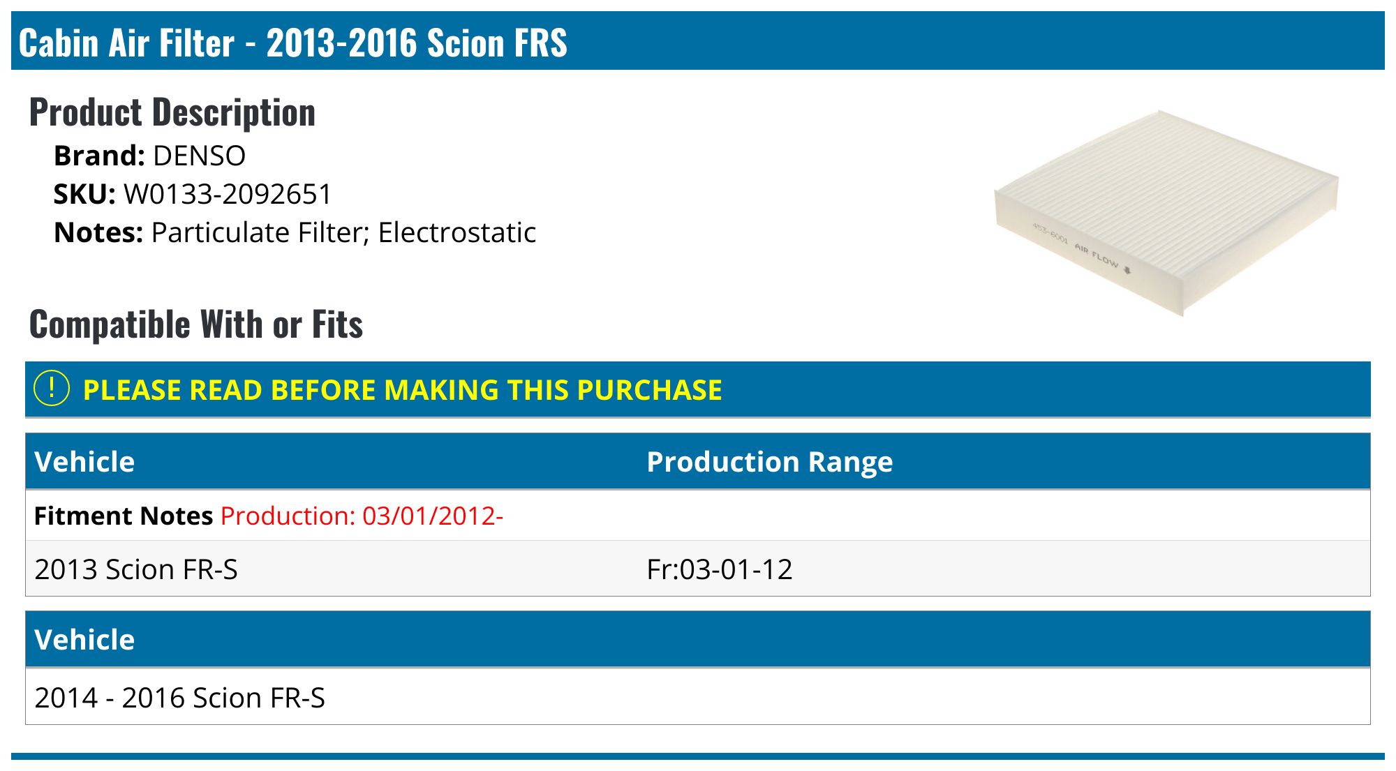 20132016 Scion FRS Cabin Air Filter Denso W01332092651