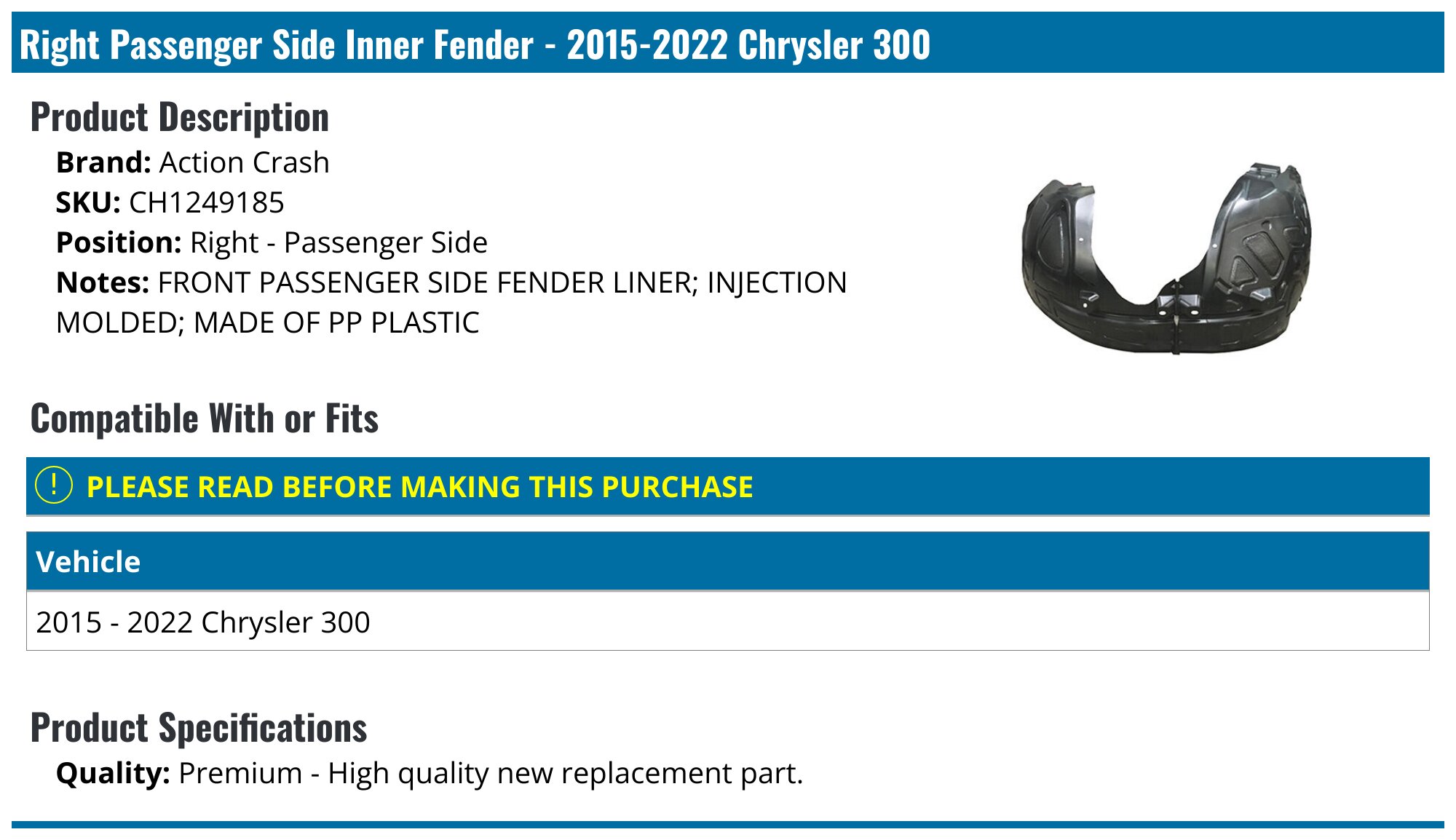 Front Right Inner Fender Liner Black Passenger Side Compatible With 2015 2017 Chrysler 300 Ch1249170