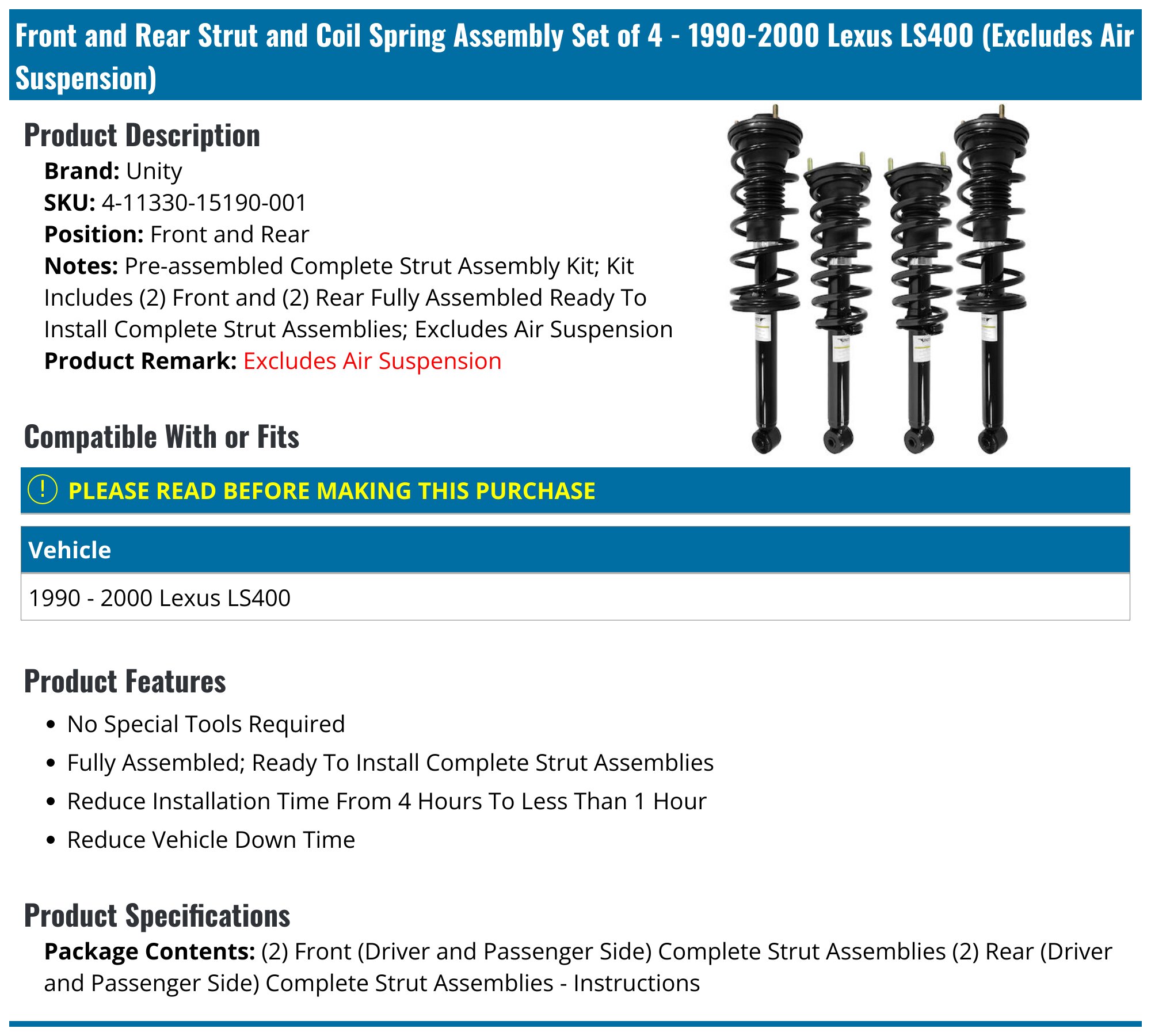 1990-2000 Lexus LS400 Strut Assembly - Unity 4-11330-15190-001 - Front ...