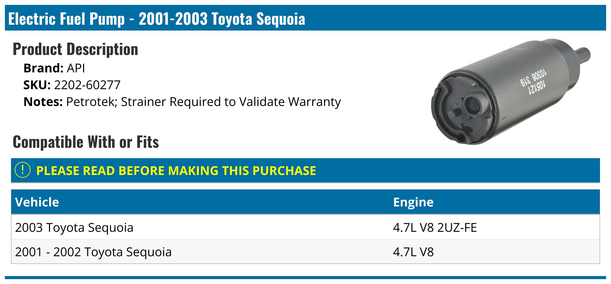 2001-2003 Toyota Sequoia Fuel Pump - API 8206-07874998 - PartsGeek.com