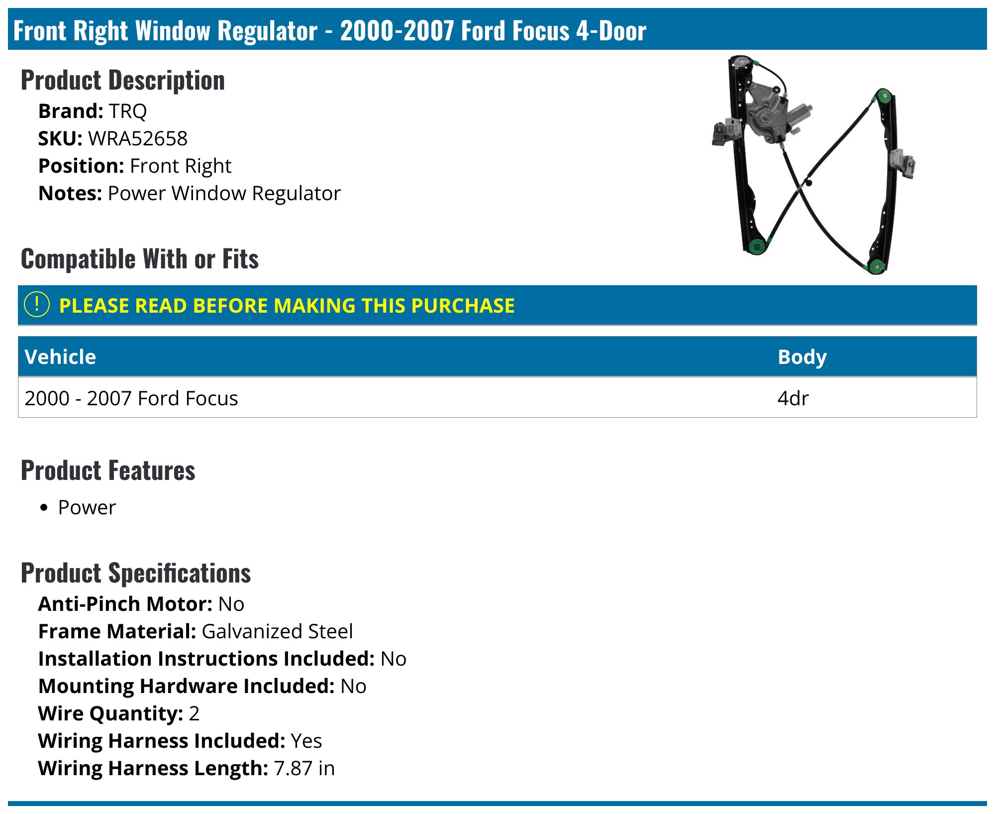 Power Window Regulator With Motor – Front Right – For Ford Focus 4 Door 2000-2007