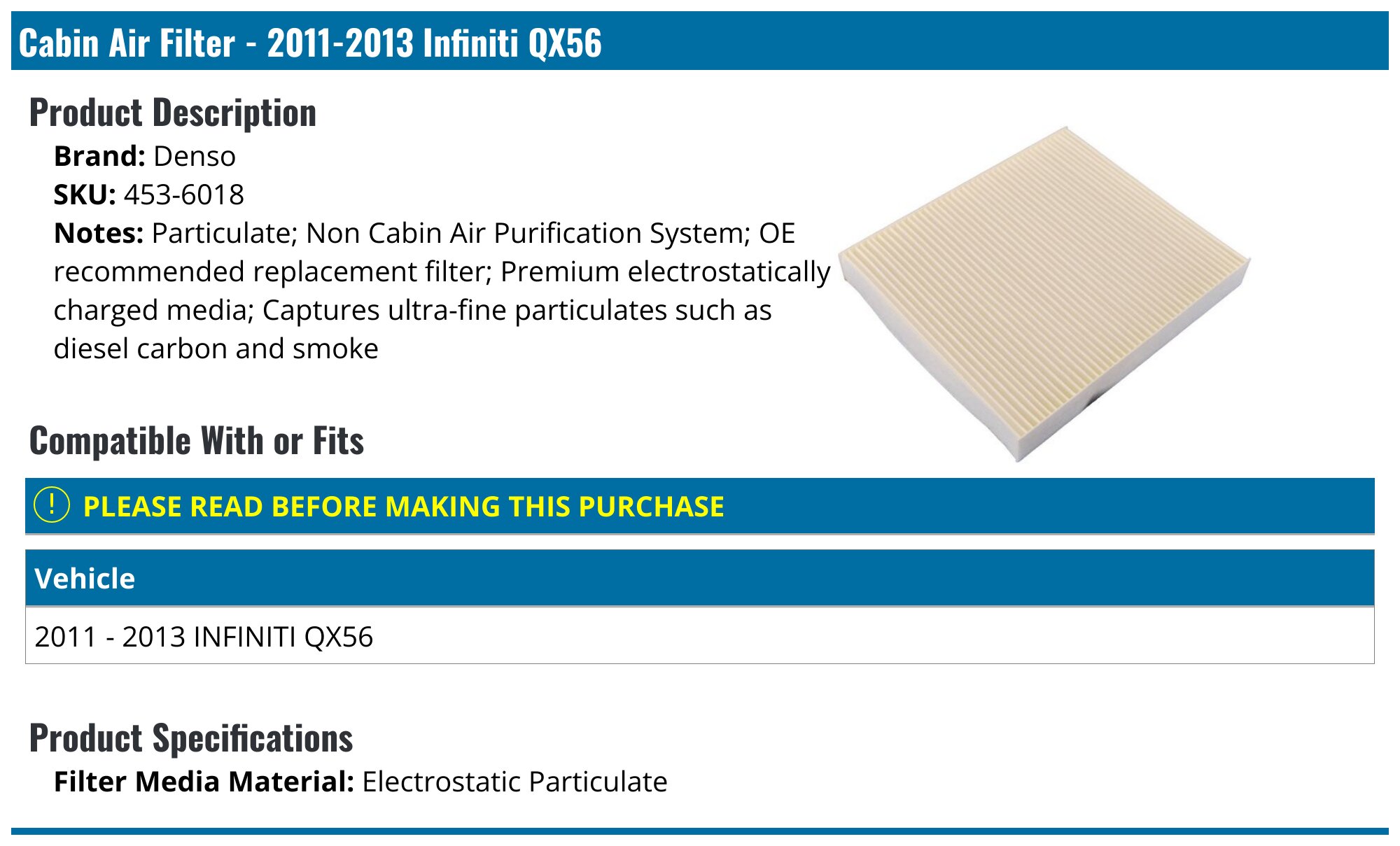 20112013 Infiniti QX56 Cabin Air Filter Denso 4536018